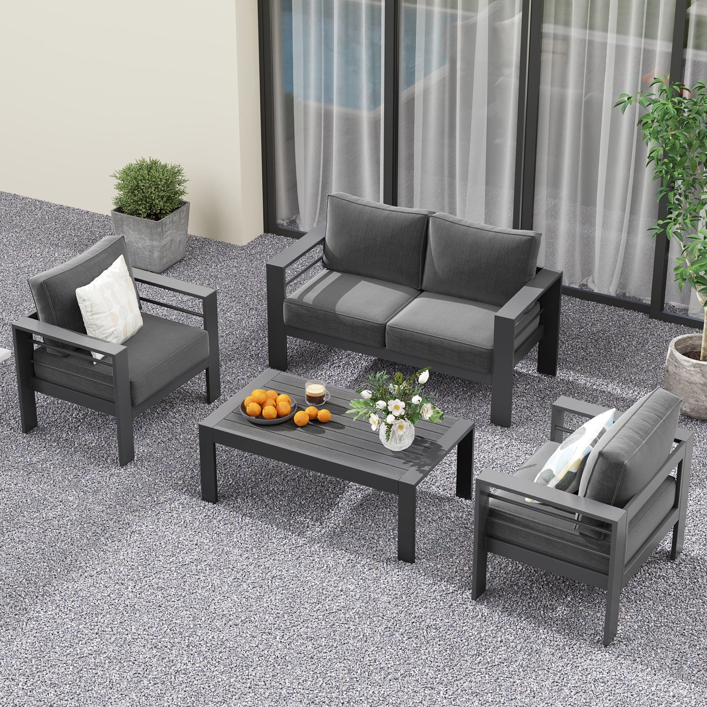CozyHom Outdoor Patio Aluminum Coffee Table, Modern Patio Rectangular Metal Coffee Table, Gray