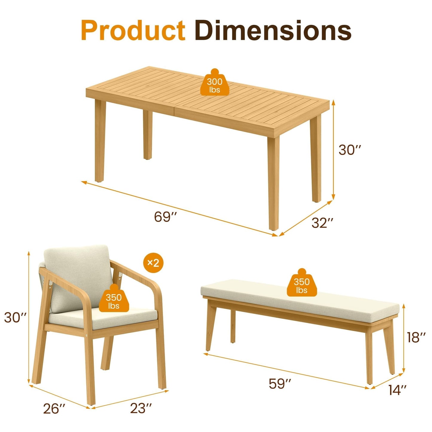 RoyalCraft Acacia 6 Pieces Patio Dining Set with Dining Table, Chairs, and Bench, All-Weather Wood Chairs with Cushions, Modern Outdoor Dining Furniture Set for Lawn, Backyard, Garden, Deck, Beige