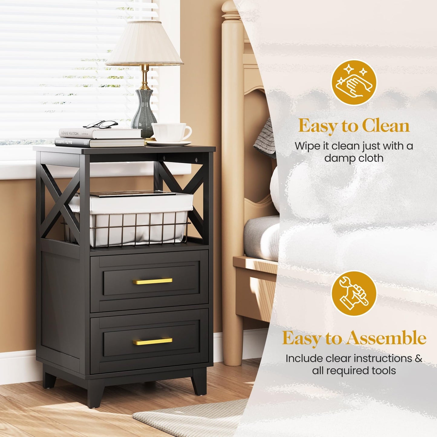 RoyalCraft Tall Nightstand Set of 2, Side Table with 2 Drawers and Open Shelf on Top, Bedside Table with Solid Feet, Modern Night Stand End Table for Bedroom, Living Room, Home Office, Black
