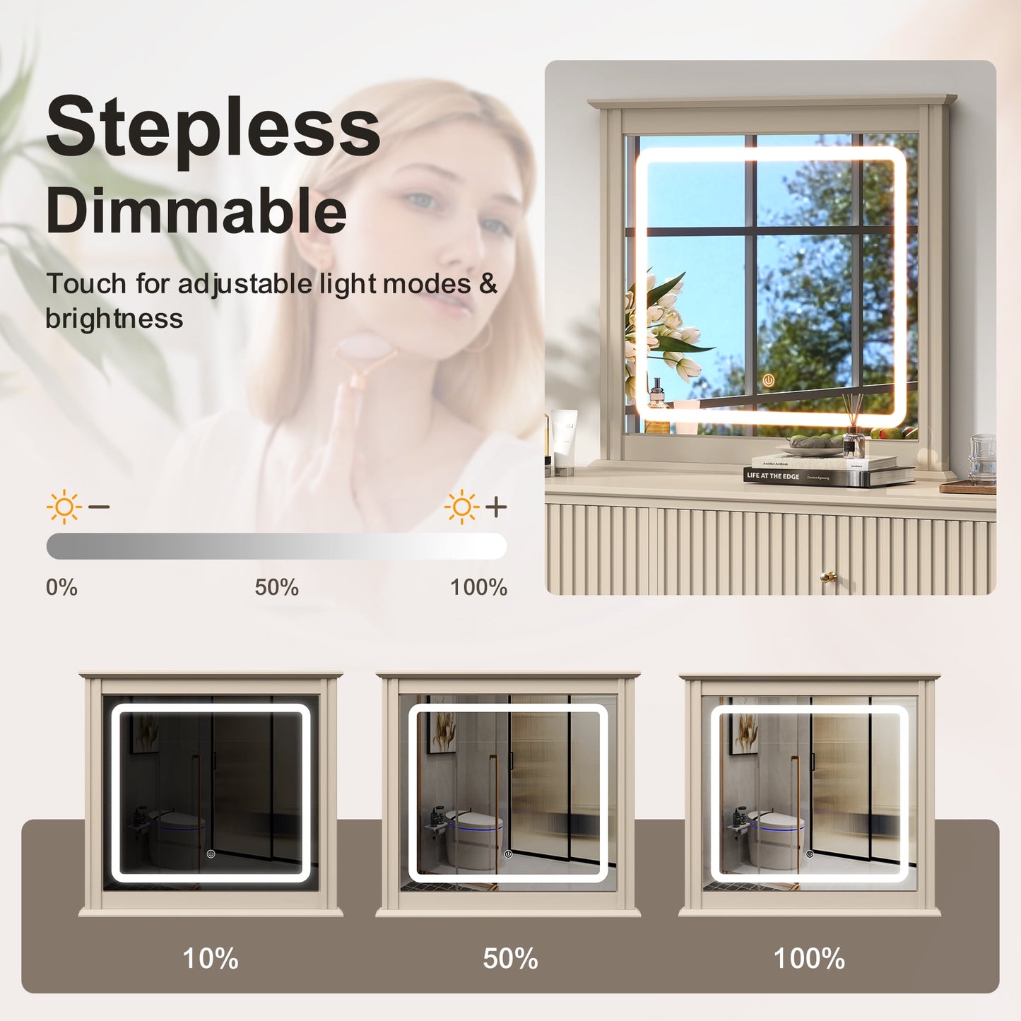 Heynemo Fluted 6 Drawer Dresser with Lighted Mirror, Wide Modern Chests of Drawers for Bedroom, Living Room, Hallway, Beige