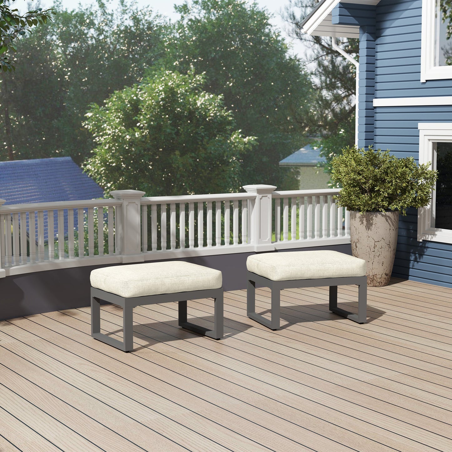 Heynemo 2 Pieces Aluminum Outdoor Patio Ottoman Set, Outdoor Foot Stools with Thick Cushion, Small Seat Furniture for Porch Balcony Backyard, Beige