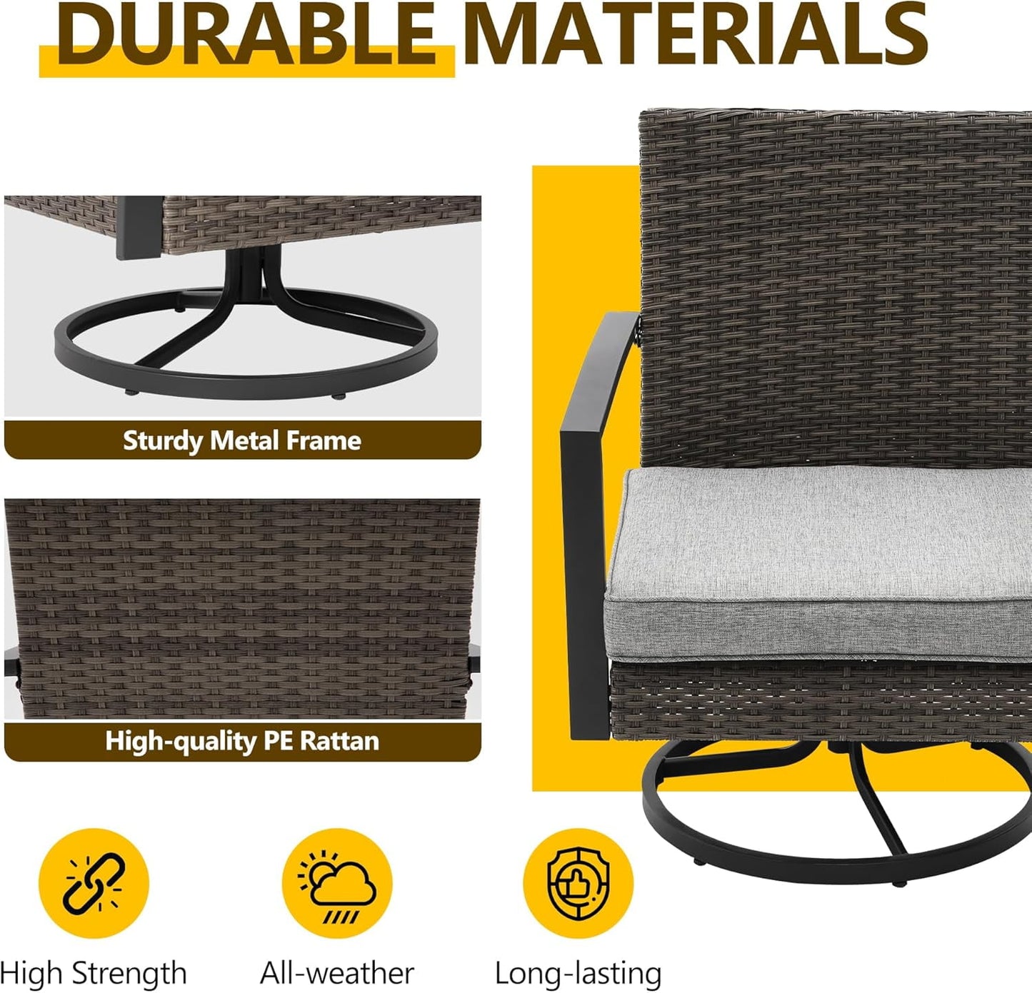 Superjoe Patio Swivel Dining Chairs with 360-Degree Rotating, All Weather Rattan Chairs with Water-Resistant Cushions & Metal Frame, Table, Modern Outdoor Rocking Chair for Porch, Bistro, Balcony, Grey