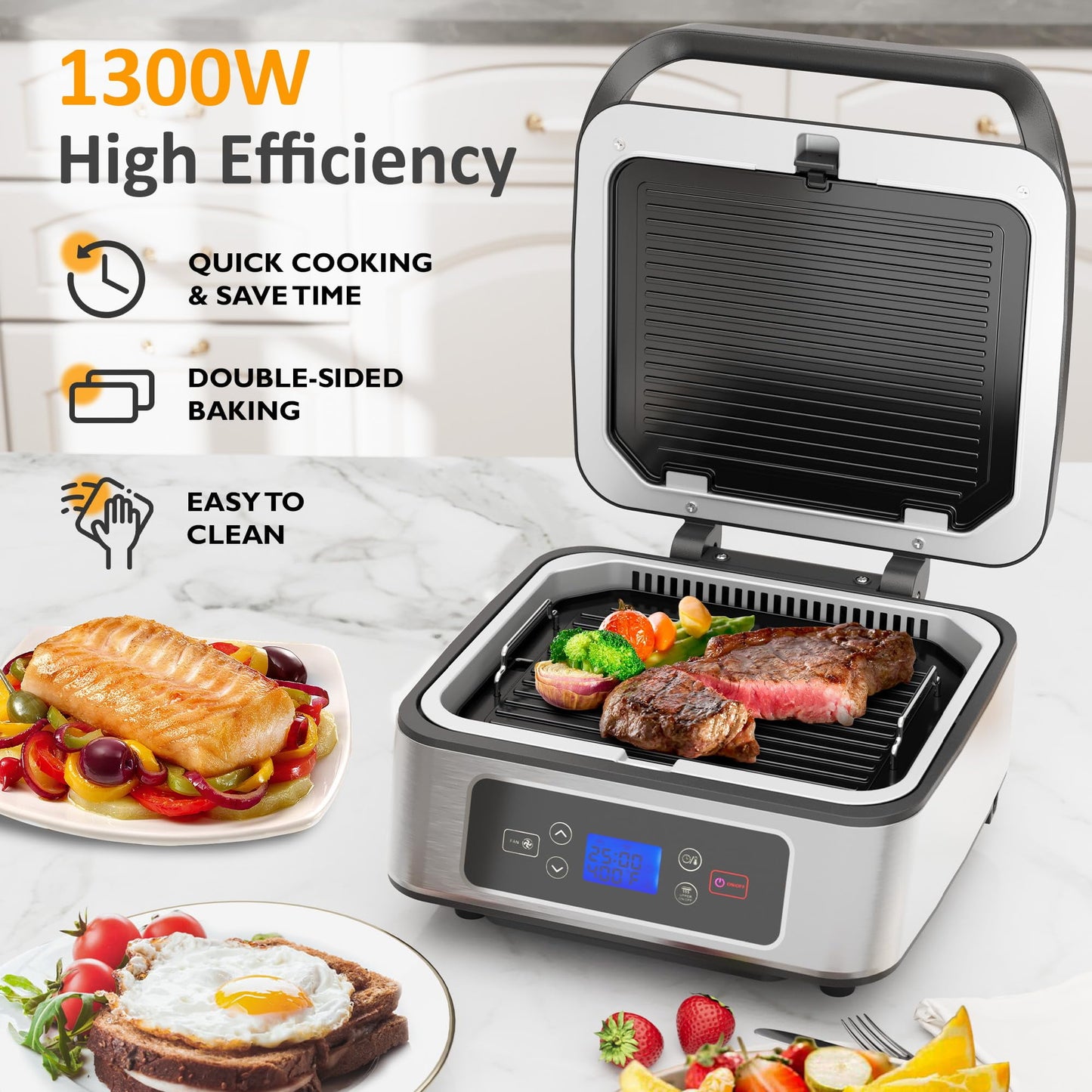 Heynemo 1300W Smokeless Indoor Grill, Electric Panini Press Sandwich Maker with Auto-Lift, Fan, Independent Upper Heating, Smart Time & Temperature Control, Removable Non-Stick Plates