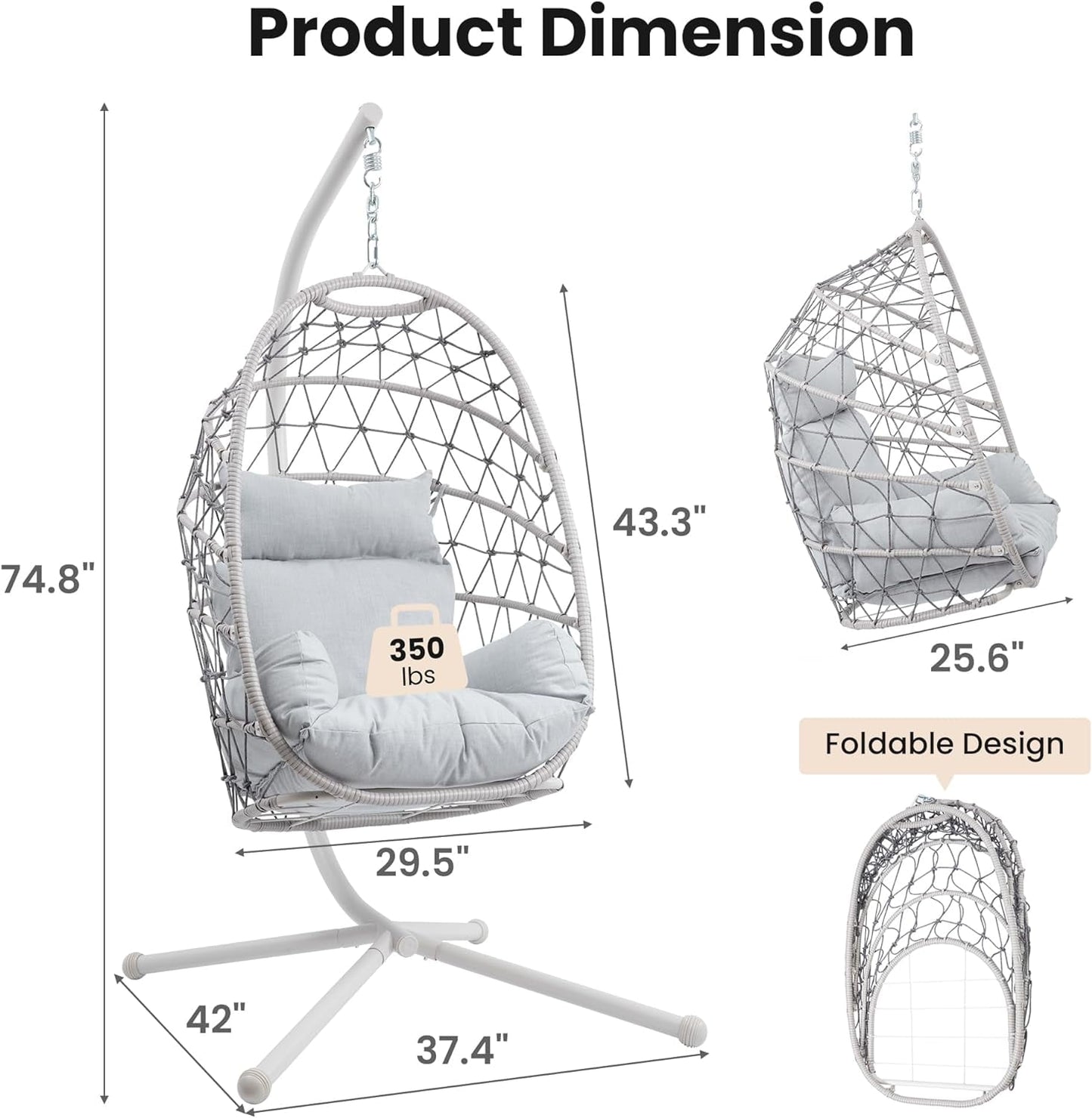 Superjoe Hanging Egg Chair with Stand, Outdoor Patio Wicker Hanging Egg Chair, Egg Swing Chair with Stand 350lbs Capacity for Garden, Balcony, Bedroom, Beige & Gray