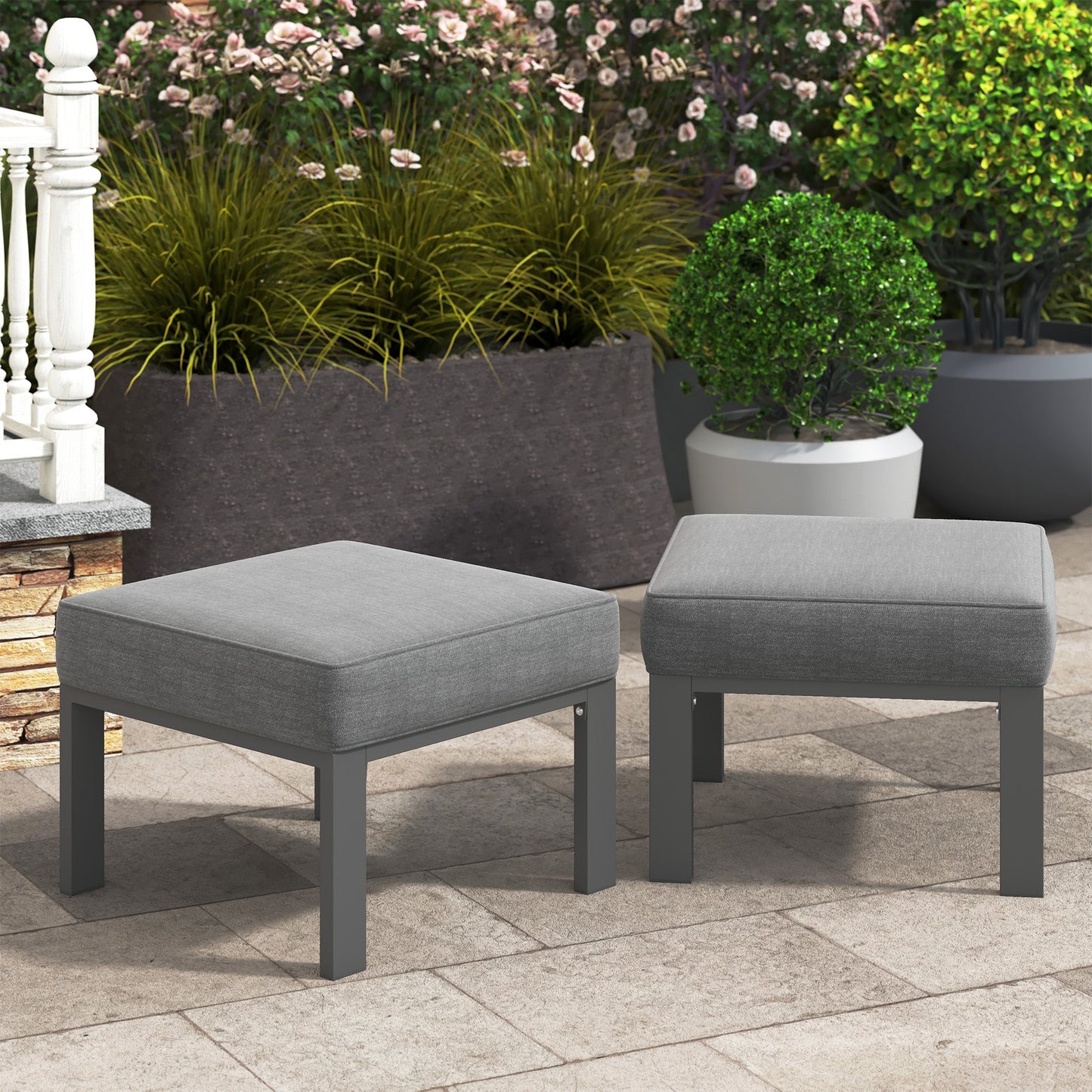 Royalcraft Patio Furniture Footstools Metal Ottomans Set of 2, Metal Outdoor Ottomans with Upgraded Cushions, All-weather Outdoor Footrest Seat for Balcony, Garden, Deck, Backyard, Black