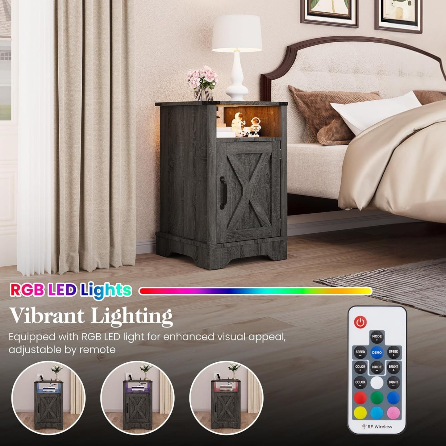 CozyHome LED Nightstand Set of 2 with Charging Station, Bedside Table with Storage Cabinet and Shelf, Rustic End Table, Farmhouse Wooden Side Table, for Bedroom, Living Room, Grey