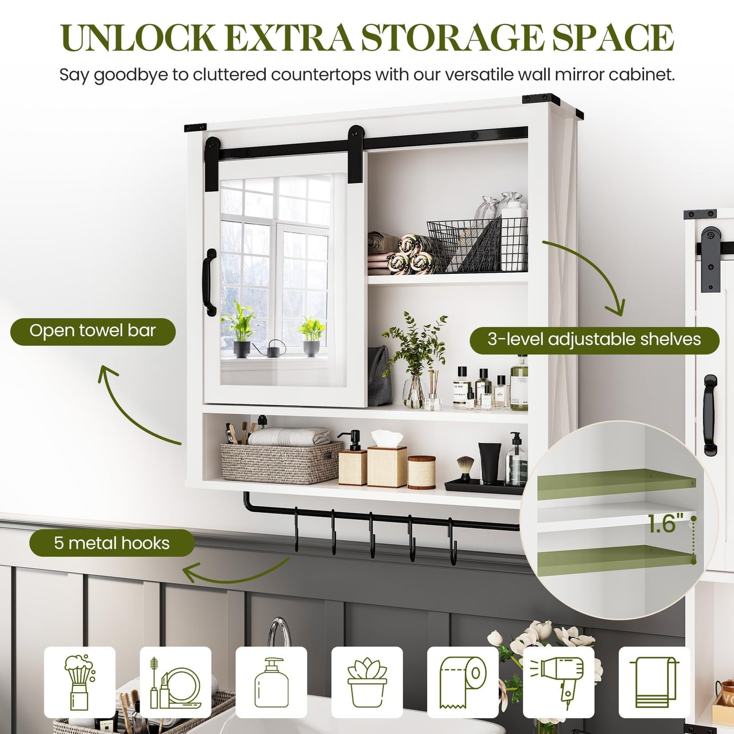 RoyalCraft 28in Bathroom Cabinet Wall Mount with Sliding Mirror Door, Over The Toilet Storage Cabinet, Farmhouse Medicine Cabinet with Shelves and Towel Bar for Living Room, 28" W x 29" H, White