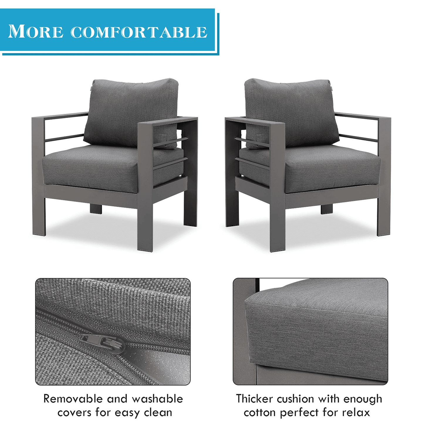 CozyHom 2 Pcs All-Weather Outdoor Patio Aluminum Armchair Furniture, Contemporary Outside Metal Patio Sofa Chair With Cushions, Gray