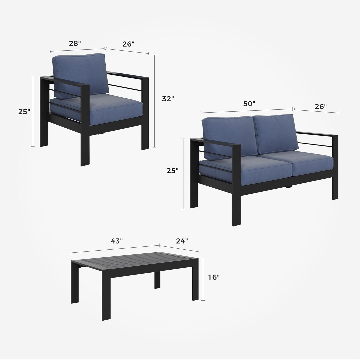 CozyHom 4 Seats Outdoor Patio Aluminum Furniture Sofa Sets, Outdoor Conversation Metal Furniture Couch Set With Table And Cushions, Blue