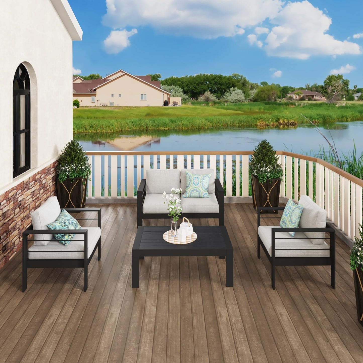CozyHom 2-Seater Indoor Outdoor Patio Aluminum Armchair Furniture Sofa Sets With Cushions, Cozy Patio Conversation Sofa Chairs For Garden Living Room, Gray