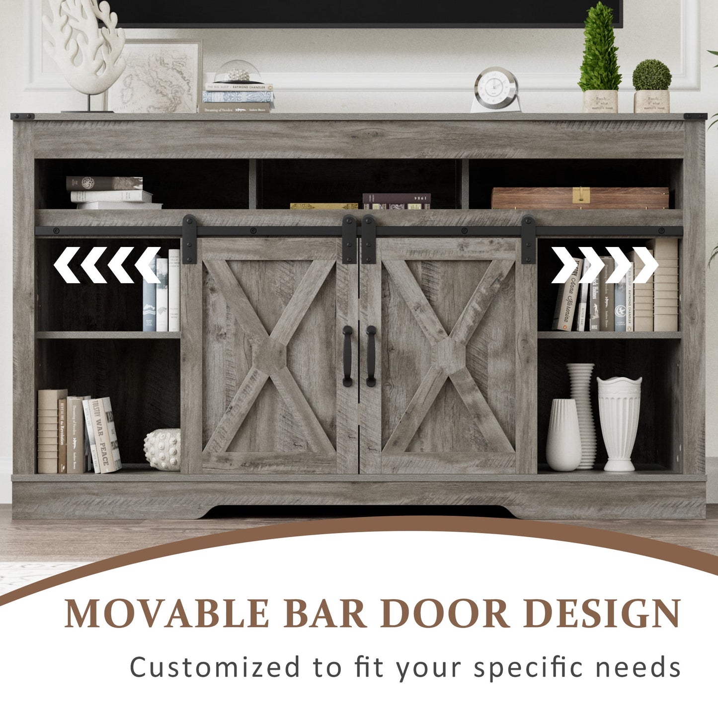 Heynemo Farmhouse TV Stand for TVs up to 70", Modern Entertainment Center with Sliding Barn Doors, Media Console Storage Cabinet for Living Room Bedroom, Light Grey