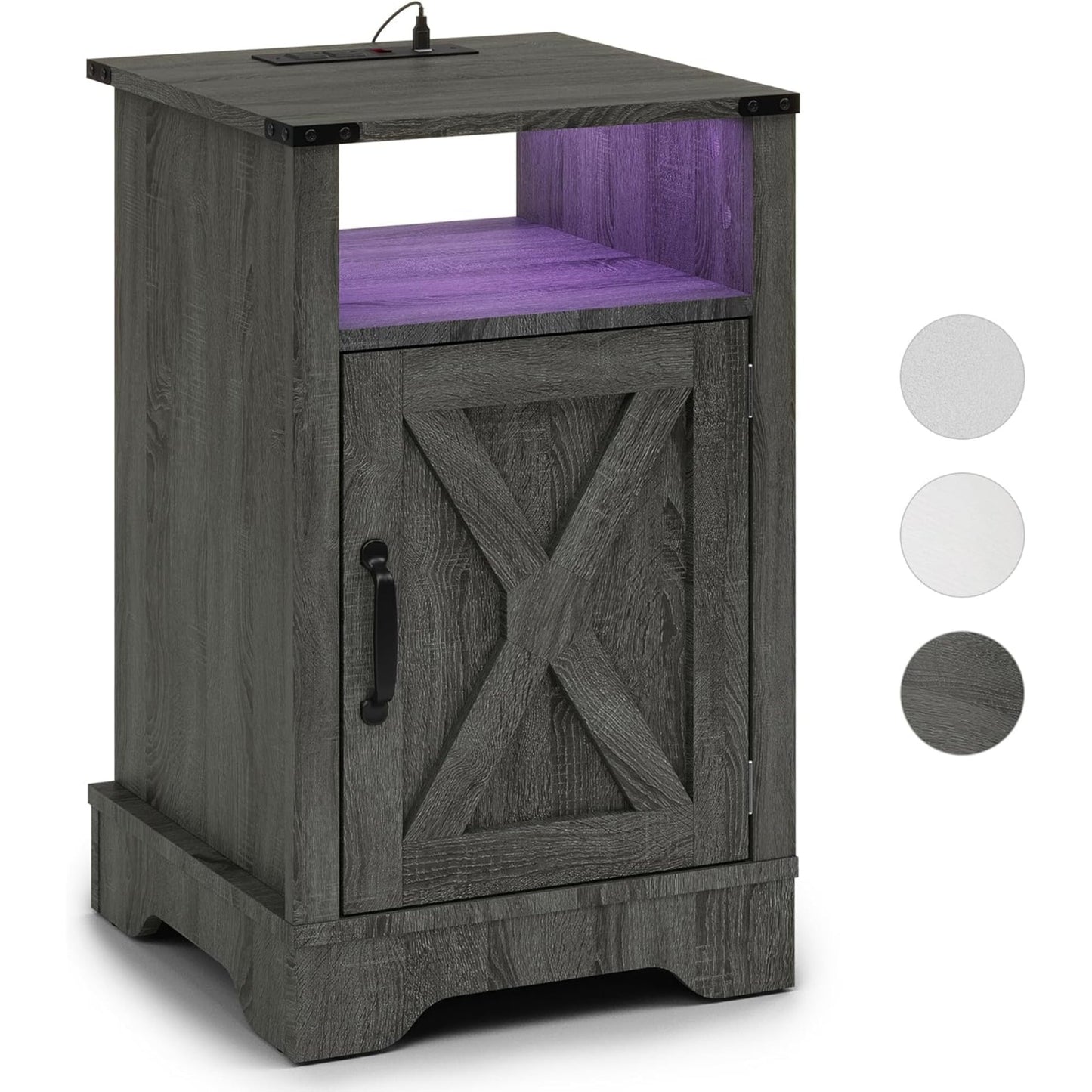 CozyHome LED Nightstand Set of 2 with Charging Station, Bedside Table with Storage Cabinet and Shelf, Rustic End Table, Farmhouse Wooden Side Table, for Bedroom, Living Room, Grey