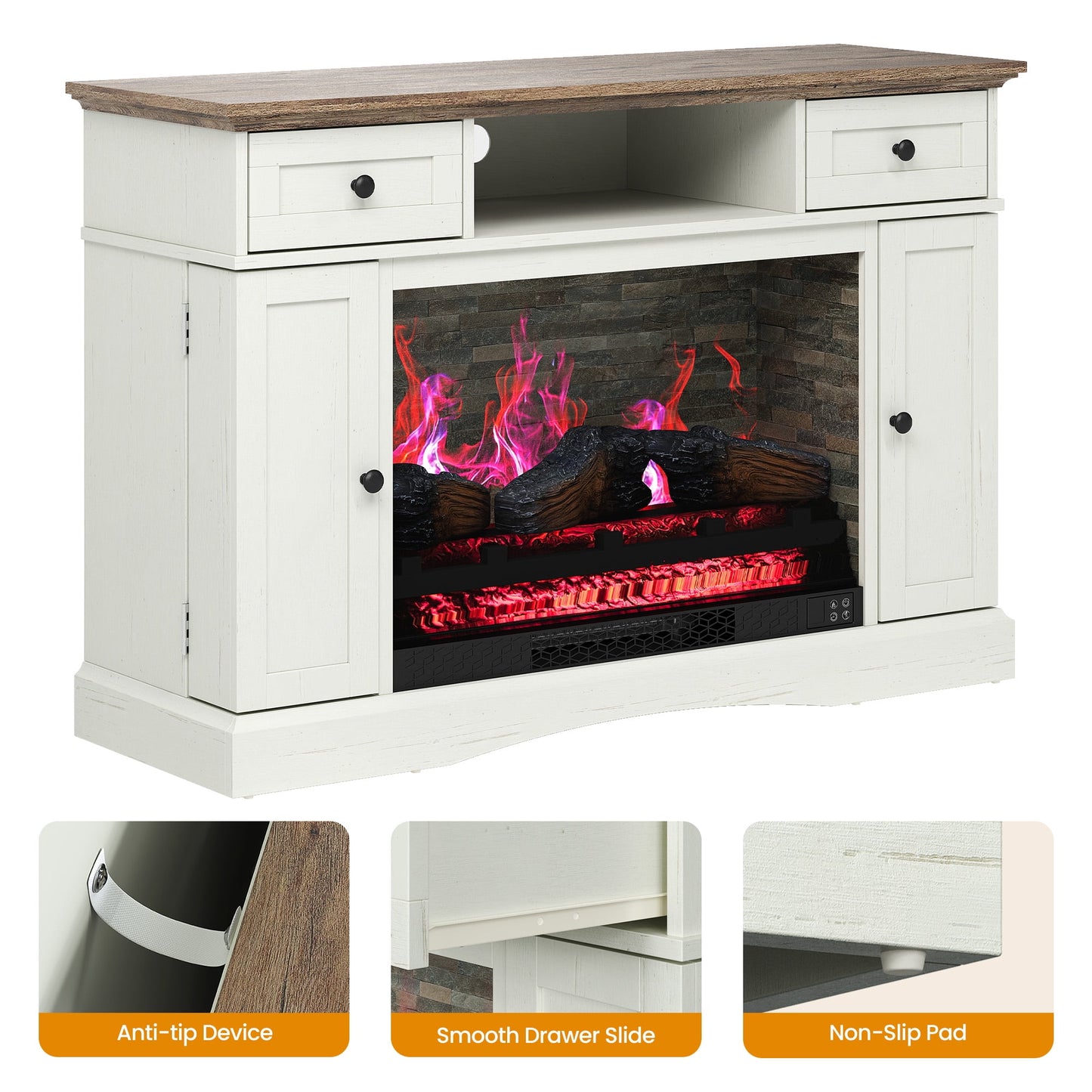 May in Color White TV Stand with 28'' Fireplace, Media Console Table with Adjustable Shelves, Entertainment Center with Double-door Design for Living Room, Bedroom