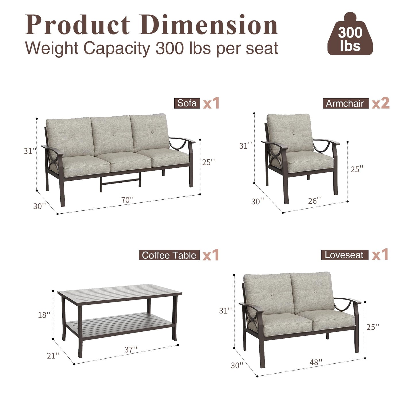 Heynemo Outdoor Patio Furniture Set for 7, 5 Piece Metal Patio Conversation Set with Coffee Table for Porch Backyard Garden, Coffee