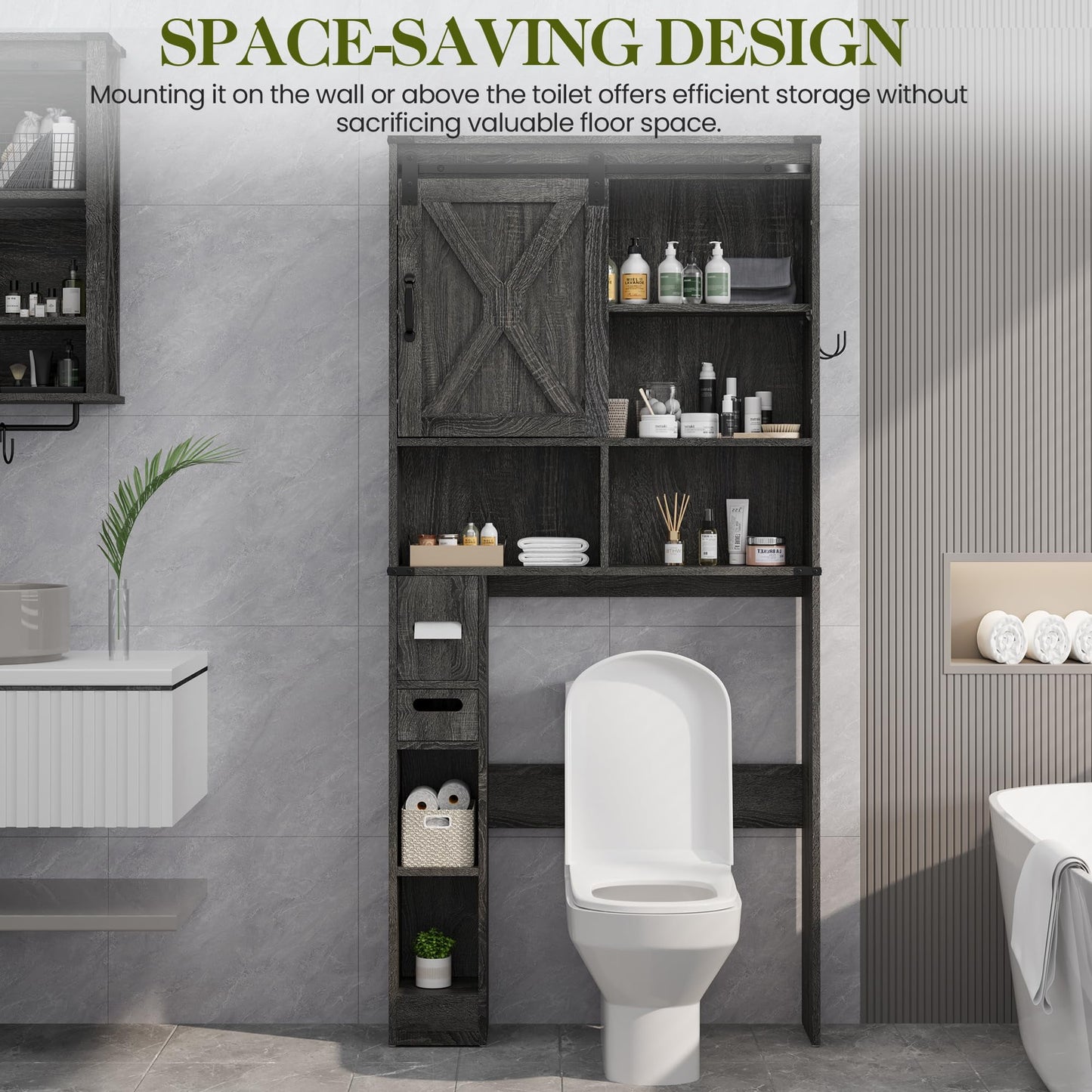 CozyHome Over The Toilet Storage Cabinet, Farmhouse Storage Cabinet Over Toilet with Sliding Barn Door, Home Space-Saving Toilet Rack, Behind Toilet Bathroom Organizer for Bathroom, Dark Grey