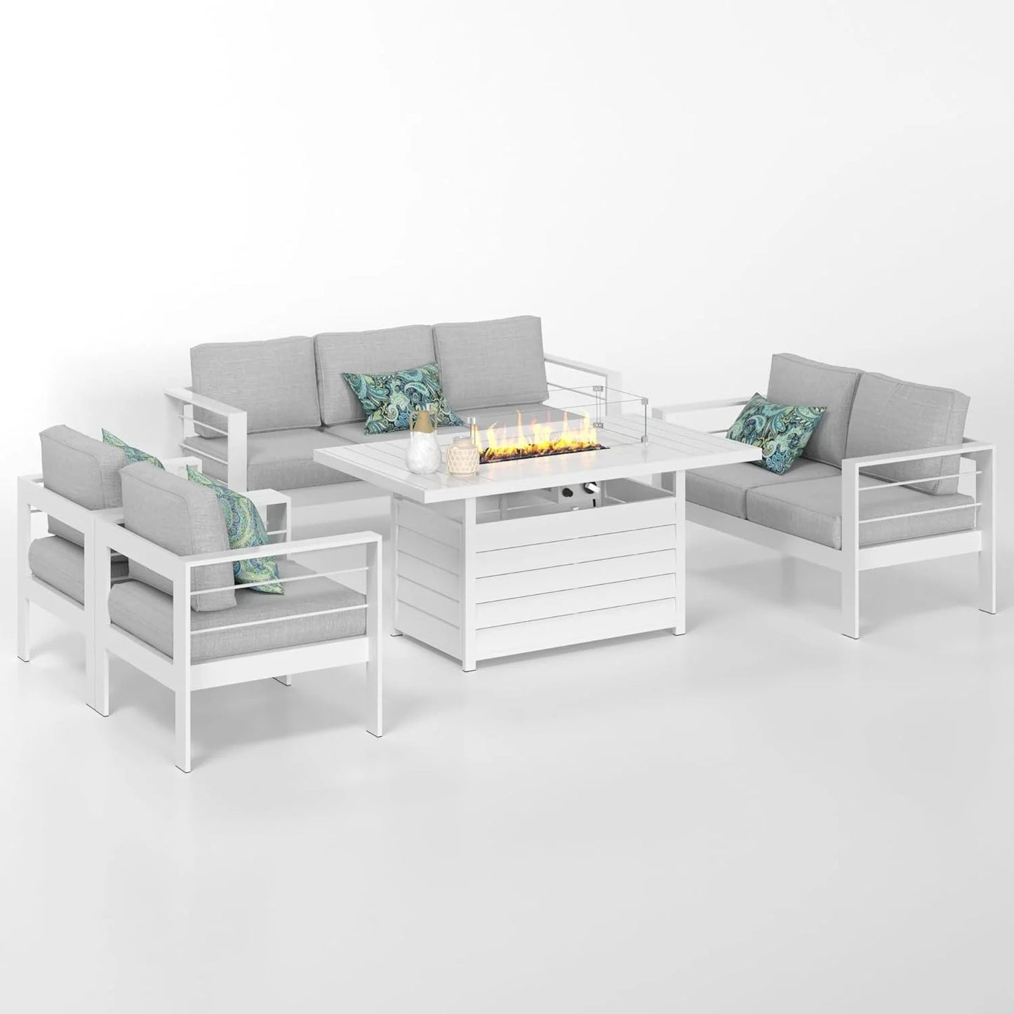 Heynemo Superjoe Outdoor Furniture Set w/CSA Certified 54in Propane Gas Fire Pit Table, 7 Seats Aluminum Patio Conversation Sofa with 5in Olefin Cover Cushions, White