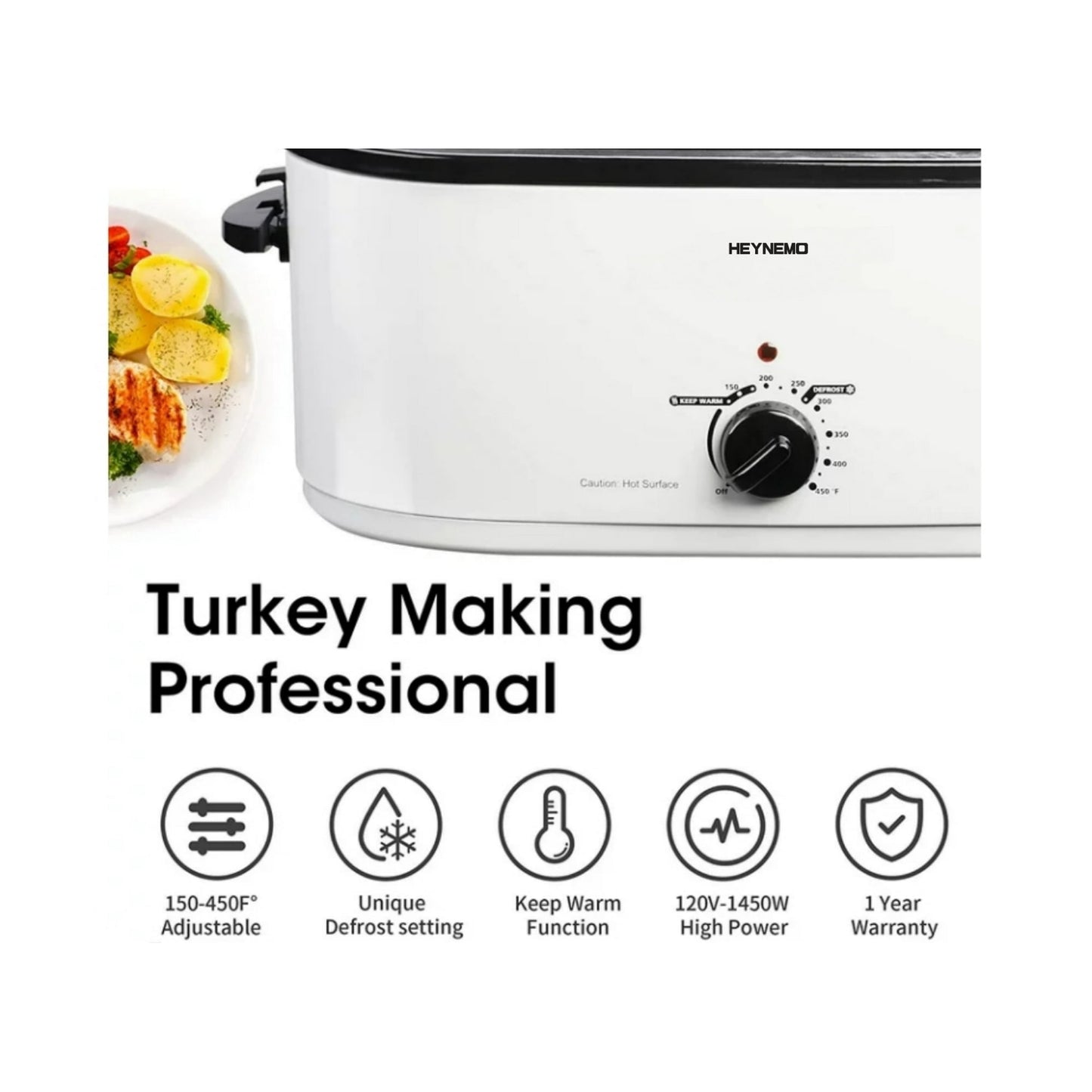 CozyHom 24 QT Electric Stainless Steel Turkey Roaster Oven, Self-Basting Lid Removable Insert Pot Perfect for Gathering and Dining, White