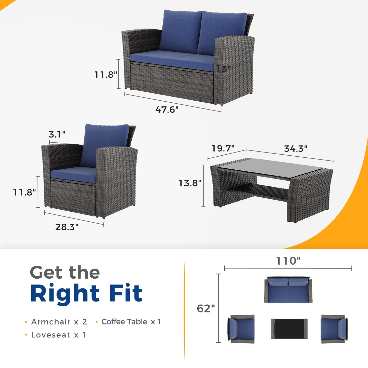 CozyHom All-Weather Outdoor Patio Furniture Set - 4-Piece Wicker Rattan Sectional Conversation Set with Table and Cushions