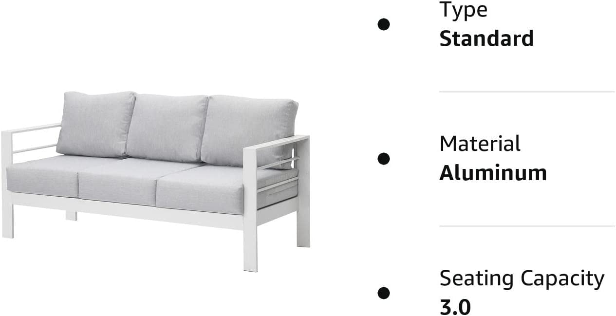 Superjoe Outdoor 3 Seats Patio Furniture Aluminum Sofa Couch, White Metal Chair with Cushions, Light Grey