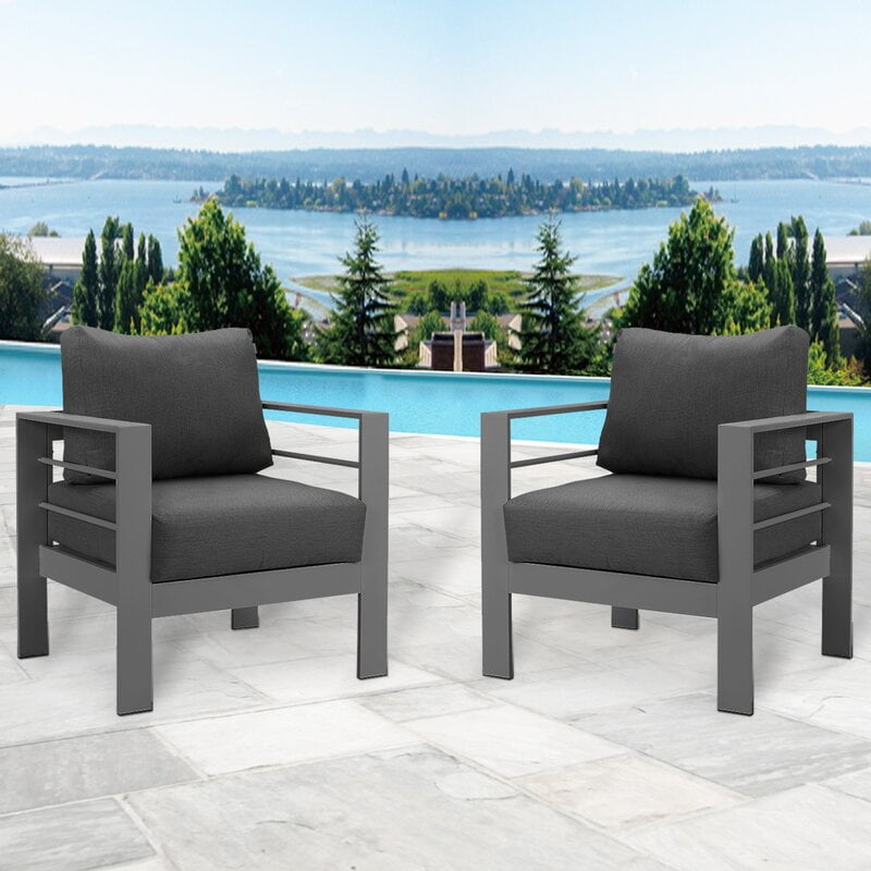 CozyHom 2 Pcs All-Weather Outdoor Patio Aluminum Armchair Furniture, Contemporary Outside Metal Patio Sofa Chair With Cushions, Gray