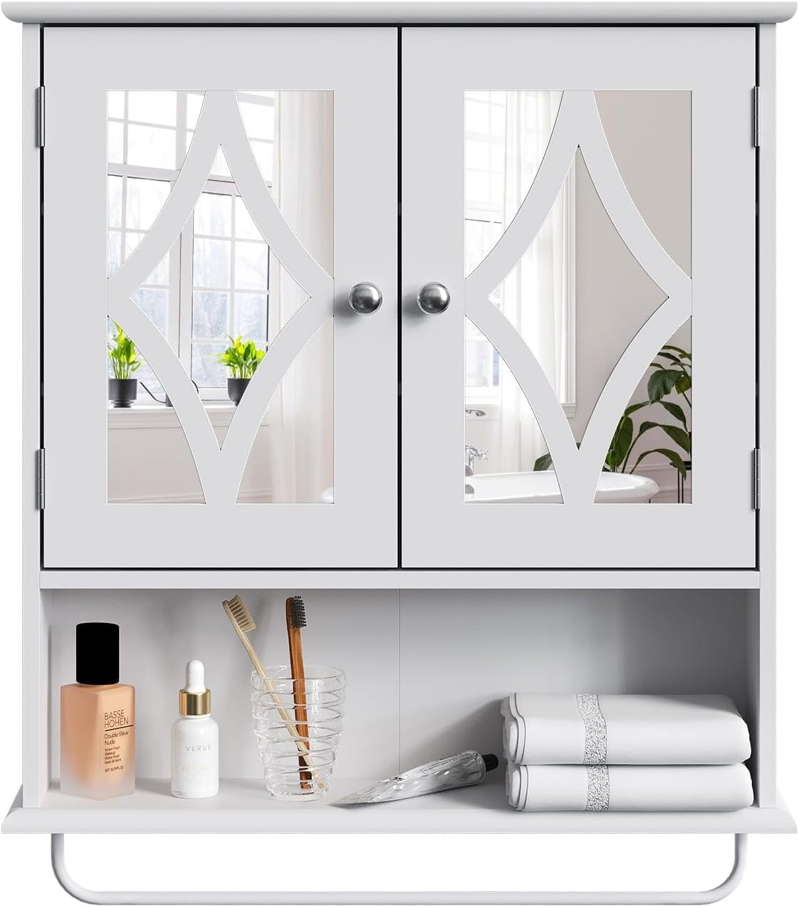 Superjoe Bathroom Medicine Cabinet with Mirror, Vanity Wall Mounted Storage Cabinet with Adjustable Shelves and Towel Bar, Hanging Wall Cabinet for Bathroom, Laundry, Living Room, White