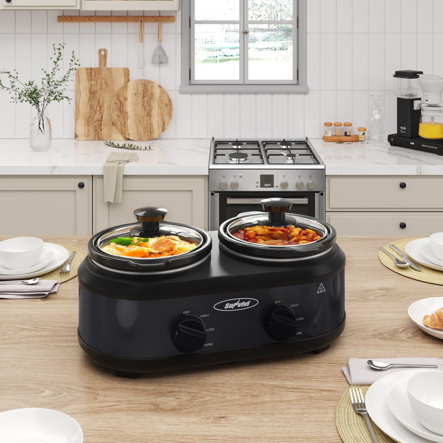 SUNVIVI Small Double Slow Cooker, 2 Pot 1.25 Quart Oval Crock Food Warmer Buffet Server, Stainless Steel-1