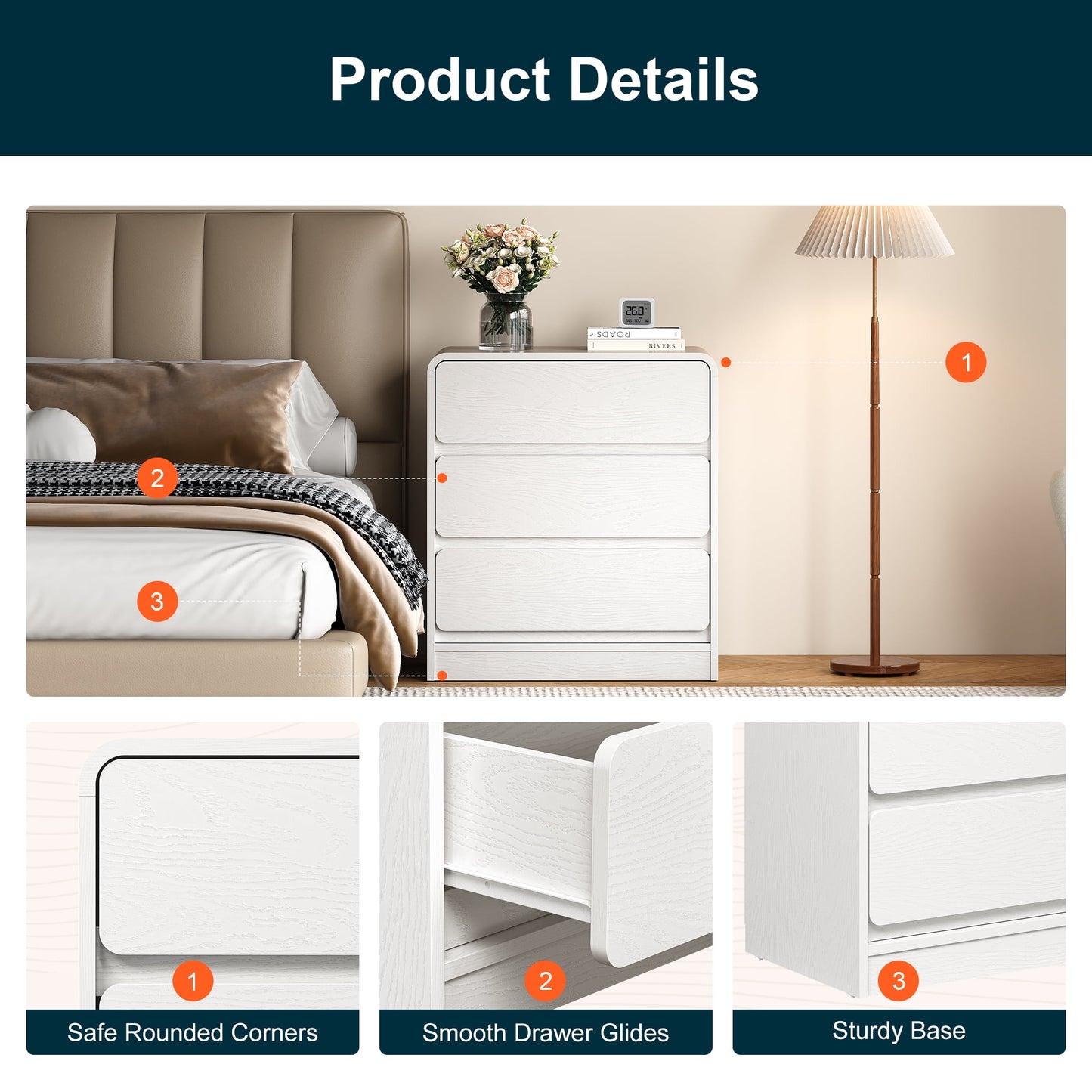 Heynemo Modern 3-Drawer Storage Dresser Set of 2 for Home and Office, White