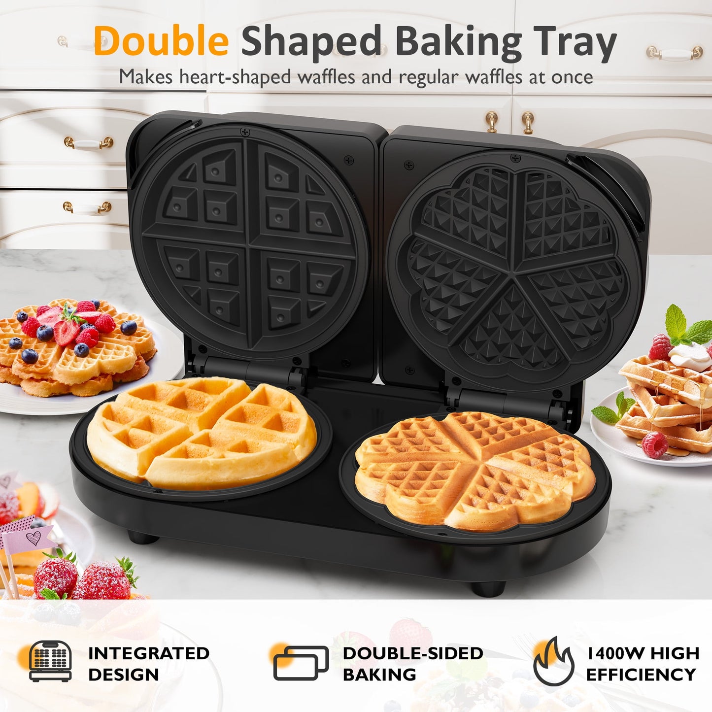 Heynemo Double Waffle Maker with Adjustable Temp, Heart Waffle & Classic Waffle Iron