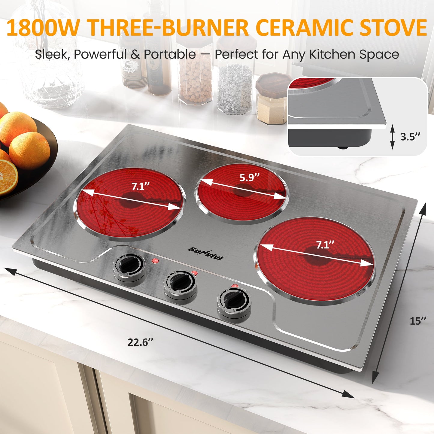 Sunvivi 1800W Three-burner portable electric ceramic stove - knob control, indicator light, compatible with all cookware, suitable for a variety of cooking scenarios, silver