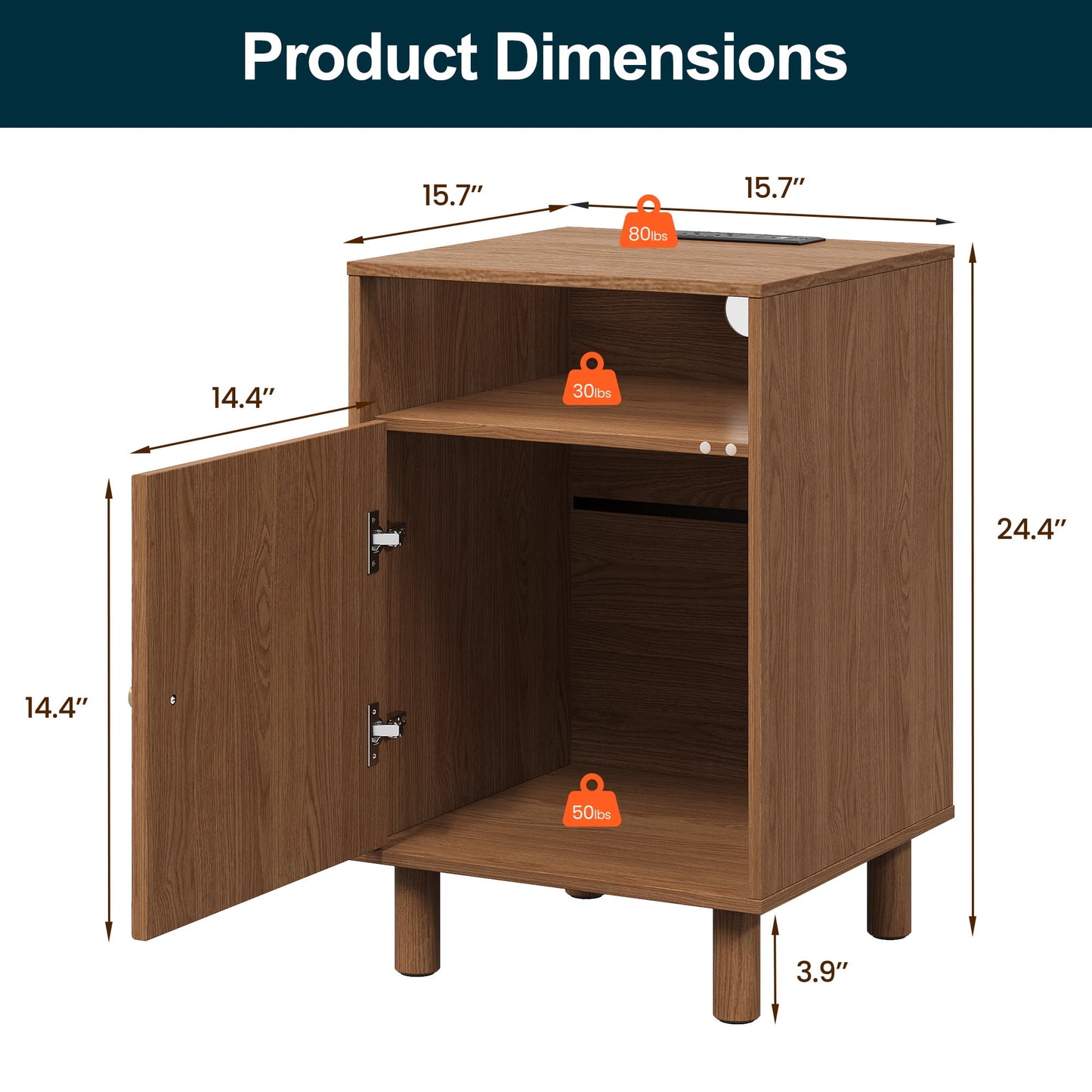 Heynemo Wood Nightstand with Storage, Bedside Table with Charging Station and Solid Wood Legs, Ideal for Living Room, Bedroom, Entryway, Brown