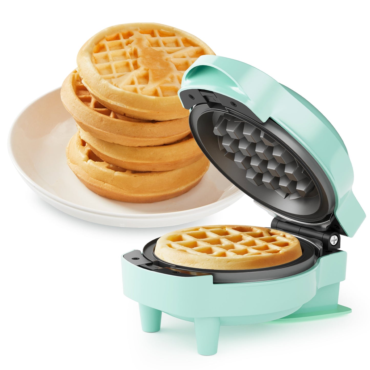 Heynemo 6-in-1 Mini Waffle Maker, 4" Waffle Iron with Nonstick Removable Plates (Santa, Christmas Tree, Witch, Pumpkin), Light Blue