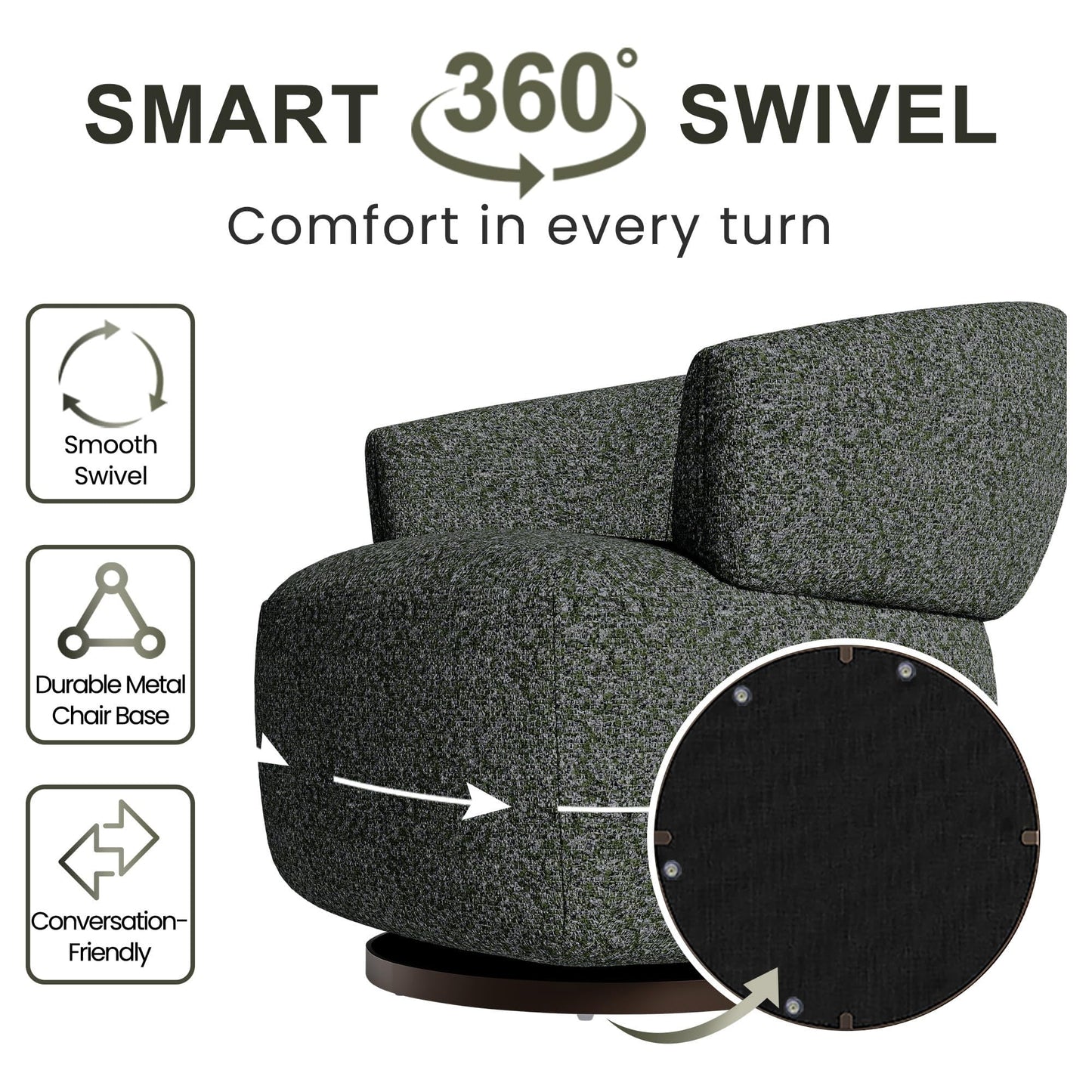 CozyHome Swivel Accent Chair, Fully Assembled Round Barrel Chairs, Oversized Upholstered Armchair with 360-Degree Base, Modern Club Chair for Living Room, Bedroom, Office, Green