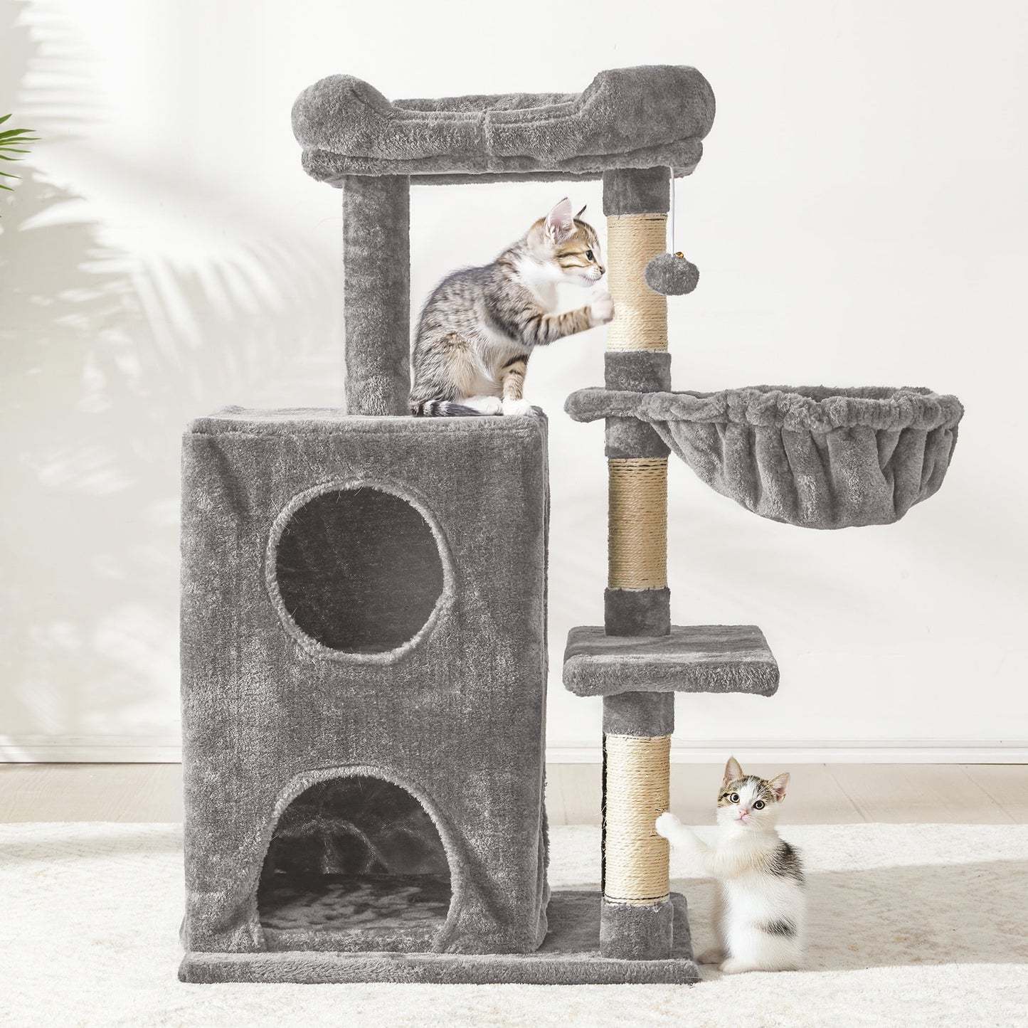 Heynemo Multi-Level Cat Tree Tower for Large Cats with Scratching Posts, Condos, Perch, Hammocks & Toys ÿ Modern Indoor Cat Jungle Gym for 2ÿ3 Cats, 19.7" x 15.7" x 35.8", Grey
