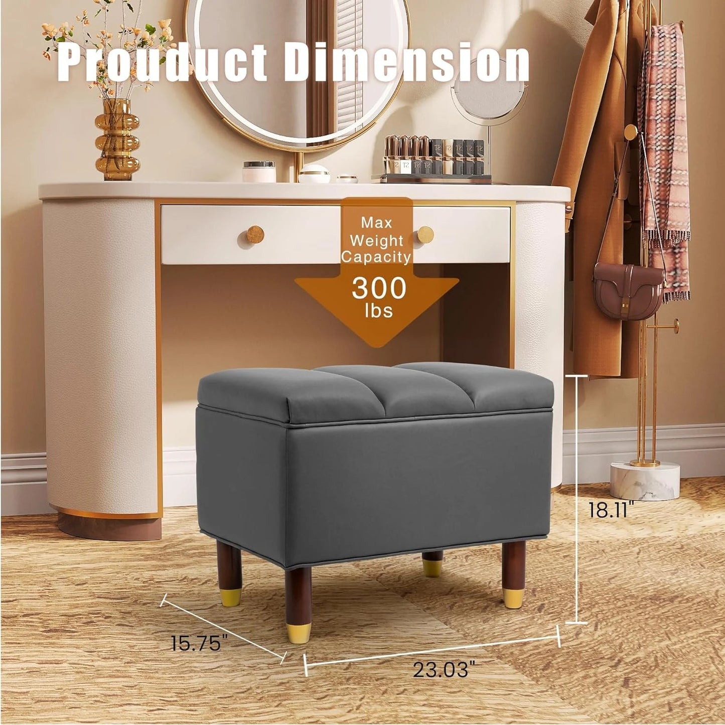 Heynemo Suoperjoe Square Storage Ottoman, Vanity Chair Footstools, Support 300lbs Versatile Seat for Living Room, Bedroom and Entryways, Dark Gray
