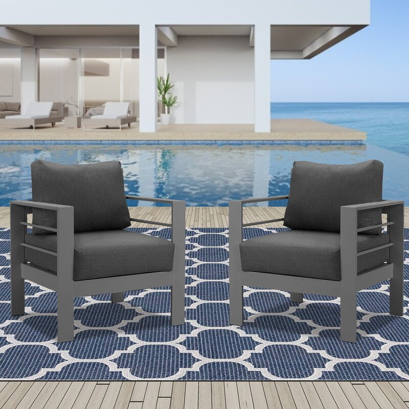 CozyHom 2 Pcs All-Weather Outdoor Patio Aluminum Armchair Furniture, Contemporary Outside Metal Patio Sofa Chair With Cushions, Gray