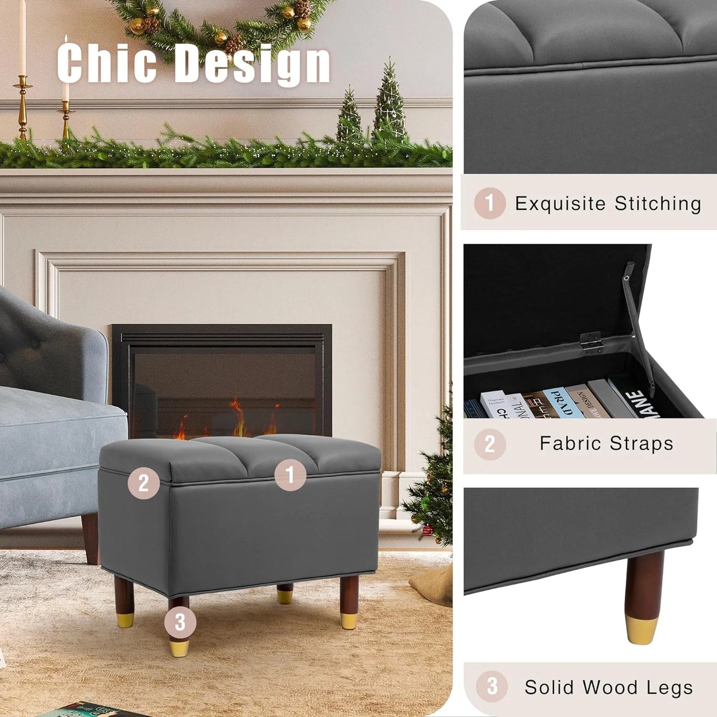 Heynemo Suoperjoe Square Storage Ottoman, Vanity Chair Footstools, Support 300lbs Versatile Seat for Living Room, Bedroom and Entryways, Dark Gray