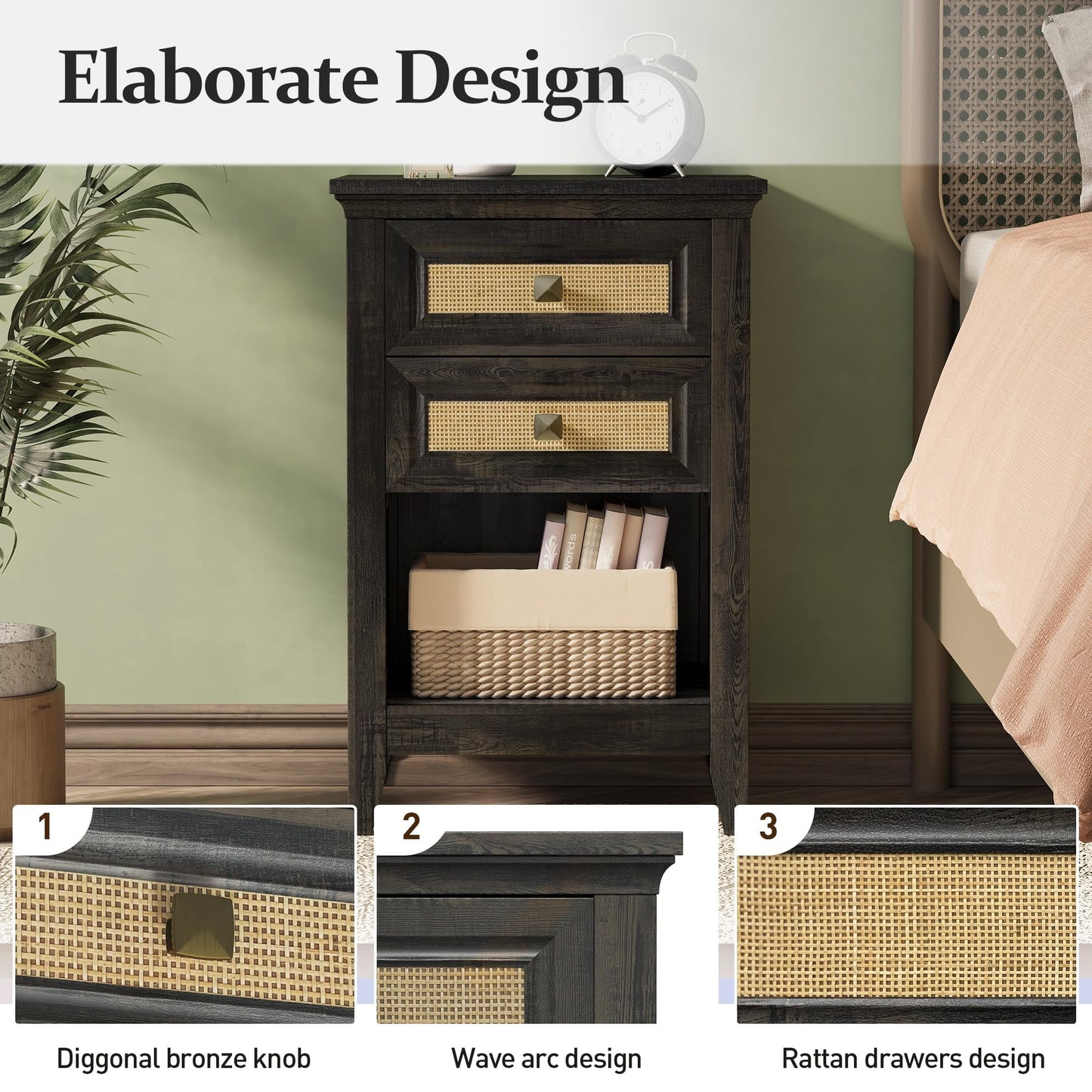 CozyHome Nightstand with 2 Drawers, Accent Bedside Table with Rattan Decor Drawers and Large Storage Shelf, Boho Wood End Table Organizer for Bedroom, Living Room, Grey