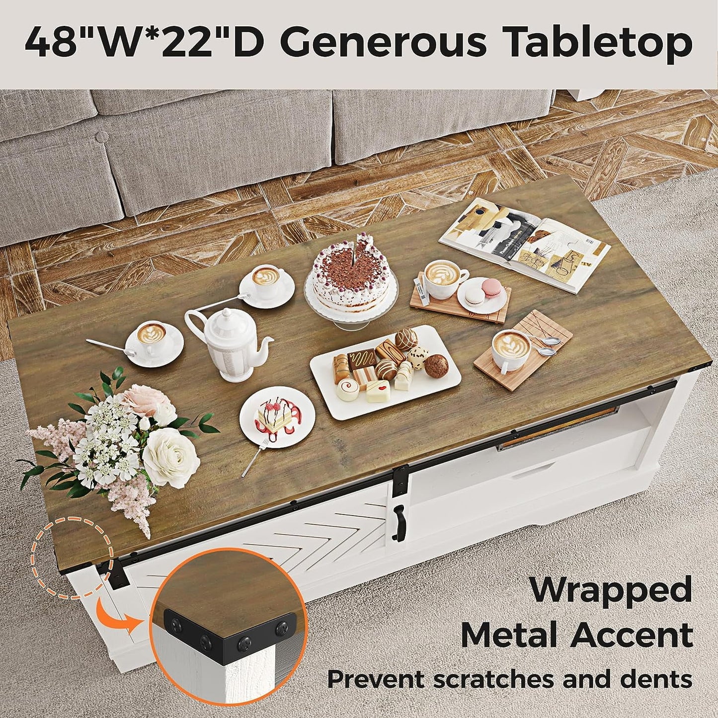 CozyHom Farmhouse Rectangular Coffee Table with Storage Drawer and Sliding Barn Door Furniture, Rustic Coffee Table with Open Shelves for Living Meeting Room, Oak-White