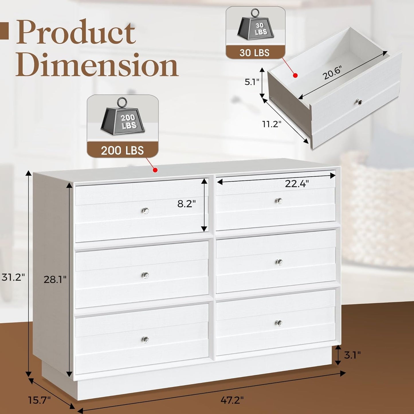 CozyHom 6 Drawers Dresser For Bedroom, Baby Dressers Chest for Nursery, Wood Storage Cabinet for Living Room Hallway Closet, White