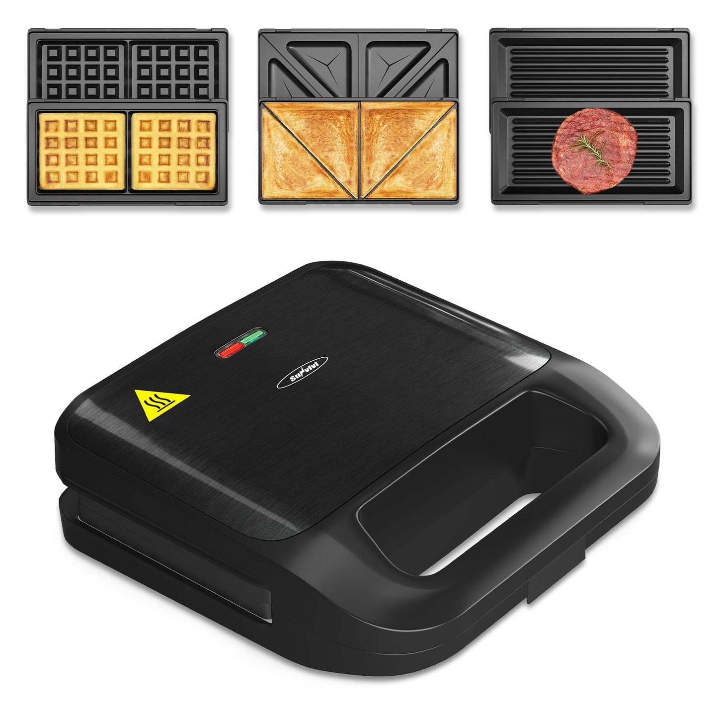Heynemo Pro 3 in 1 Waffle, Grill & Sandwich Maker, Sandwich Maker Panini Press Waffle Iron Set with Removable Non-Stick Plates & Indicator Lights, Grill and Sandwich Press for Breakfast, 750W, Black