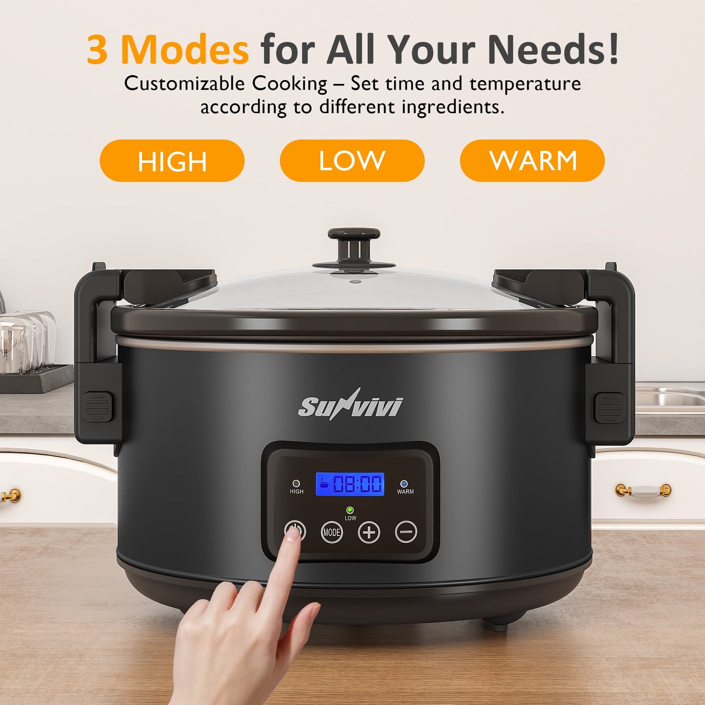 Sunvivi 8.5QT Programmable Slow Cooker with Locking Lid - Digital Display - Black