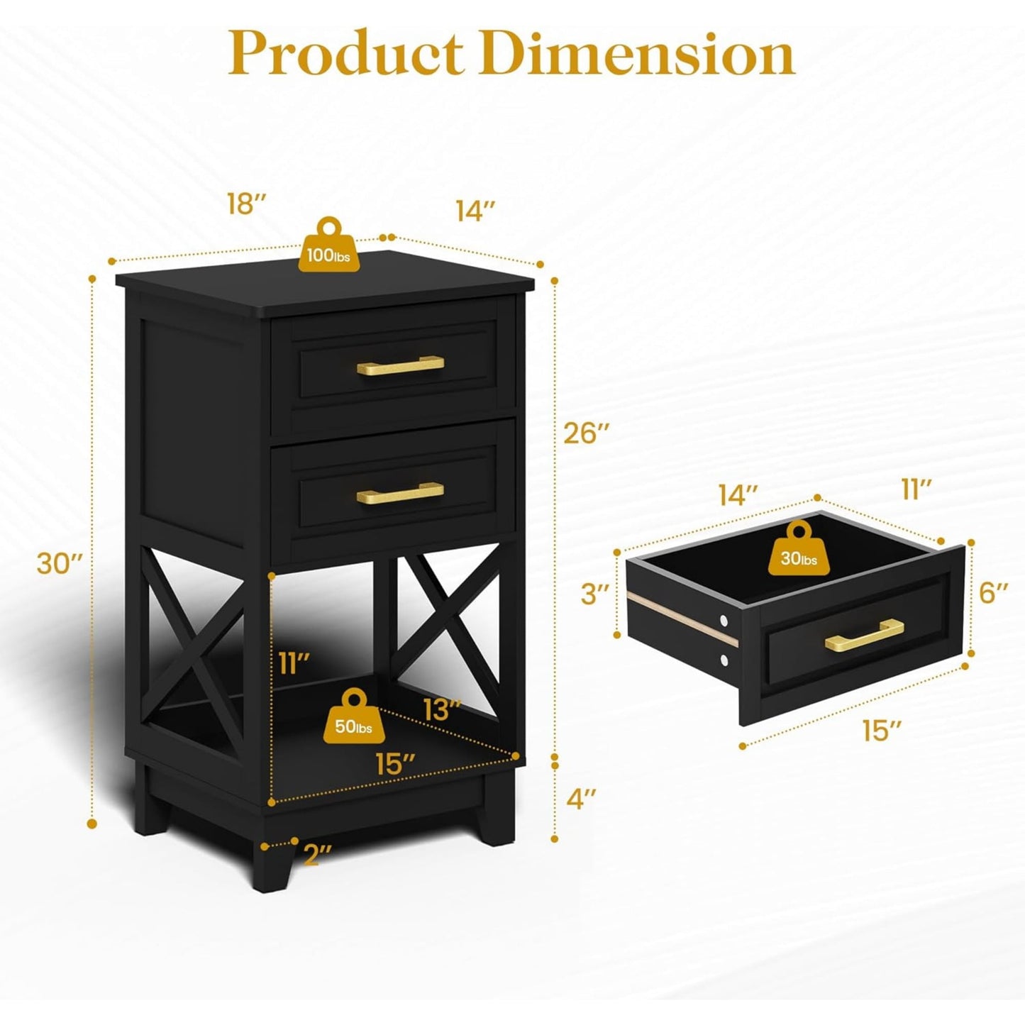 CozyHome Tall Nightstand Set of 1, Side Table with 2 Drawers and Open Shelf Below, Bedside Table with Solid Feet, Modern Night Stand End Table for Bedroom, Living Room, Home Office, Black
