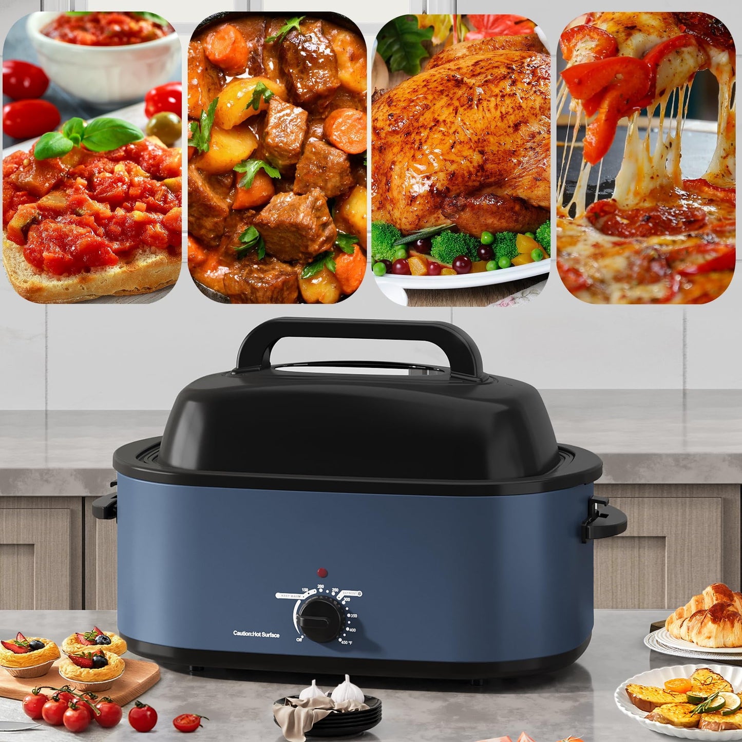 Sunvivi Roaster Oven 28 Quart, Electric Roaster Oven with Visible & Self-Basting Lid, Turkey Roaster Oven with Removable Pan & Rack, Variable Temperature Control, Stainless Steel, Blue
