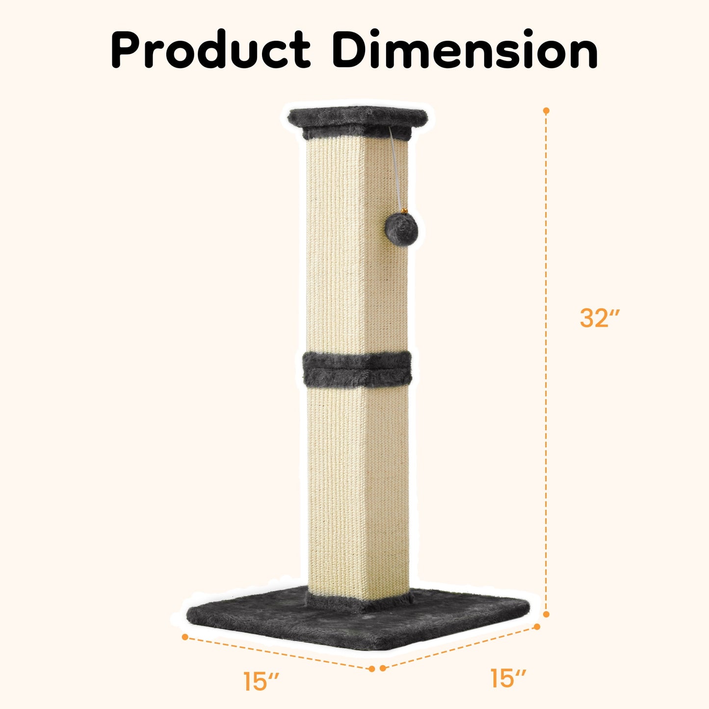 Heynemo 32-Inch Cat Scratching Post with Hanging Ball Toy, Tall Sisal Scratch Post for Indoor Cats, Cat Scratcher for Kittens & Large Cats, Grey