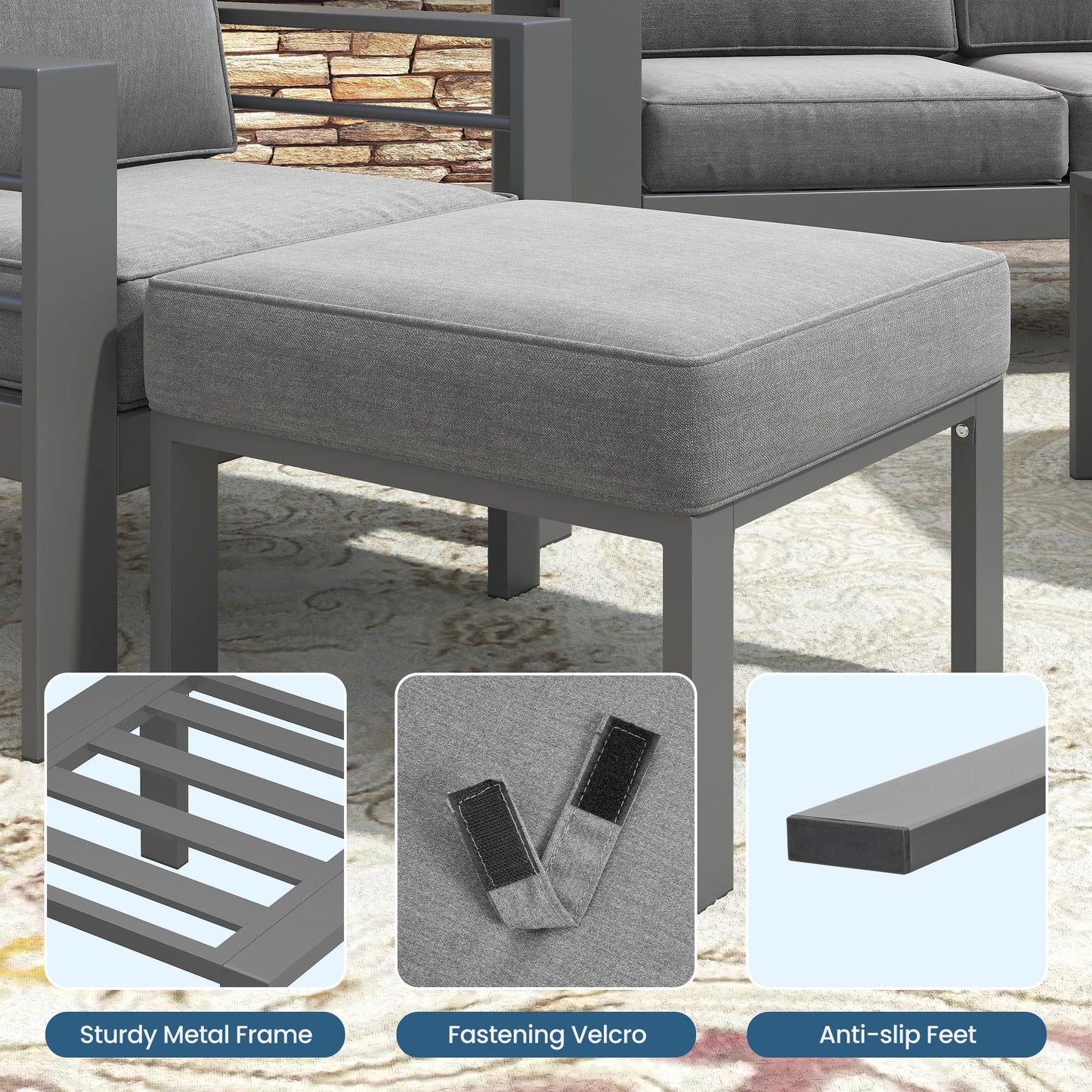 Heynemo Patio Furniture Footstools Metal Ottomans Set of 2, Metal Outdoor Ottomans with Upgraded Cushions, All-weather Outdoor Footrest Seat for Balcony, Garden, Deck, Backyard, Grey