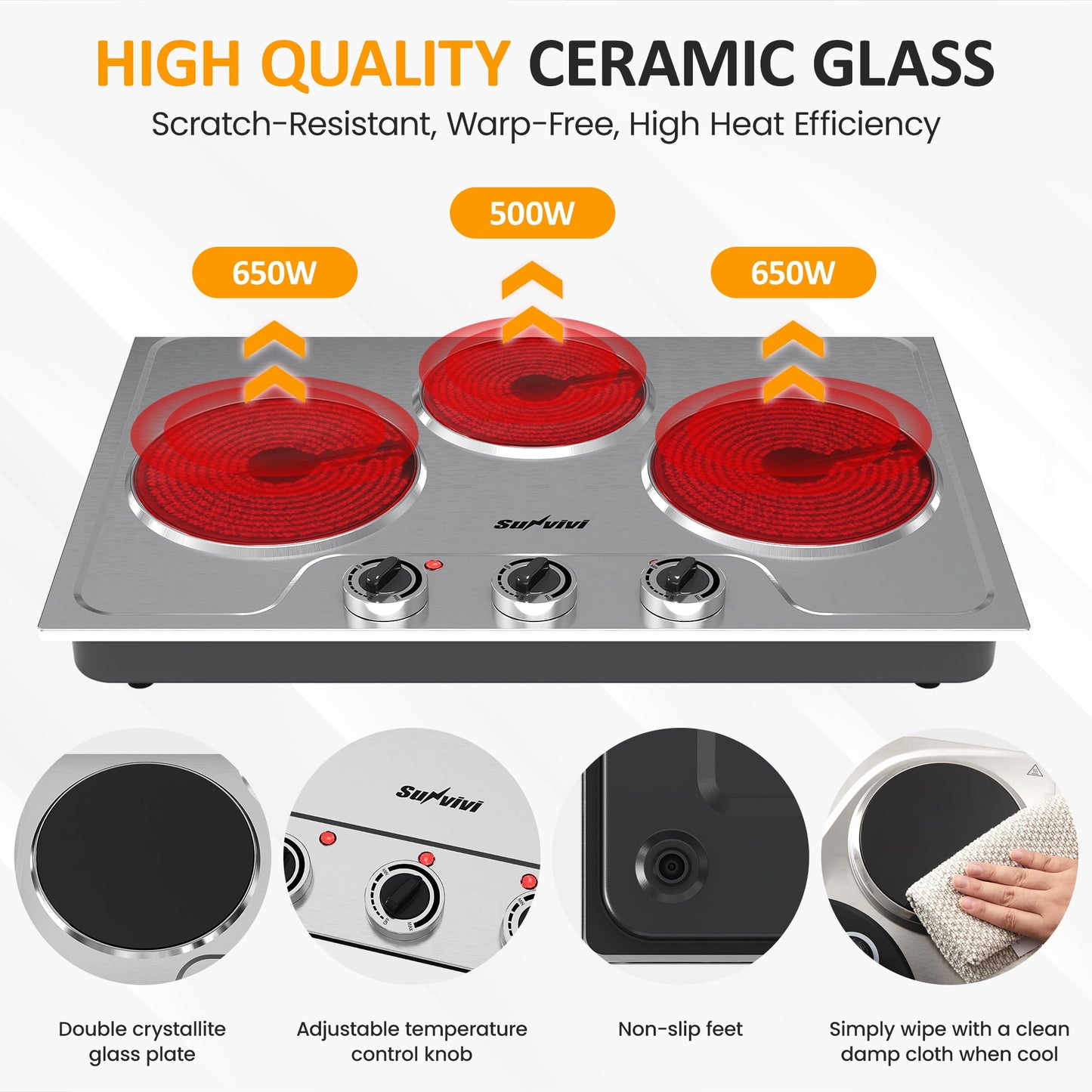 Sunvivi 1800W Three-burner portable electric ceramic stove - knob control, indicator light, compatible with all cookware, suitable for a variety of cooking scenarios, silver