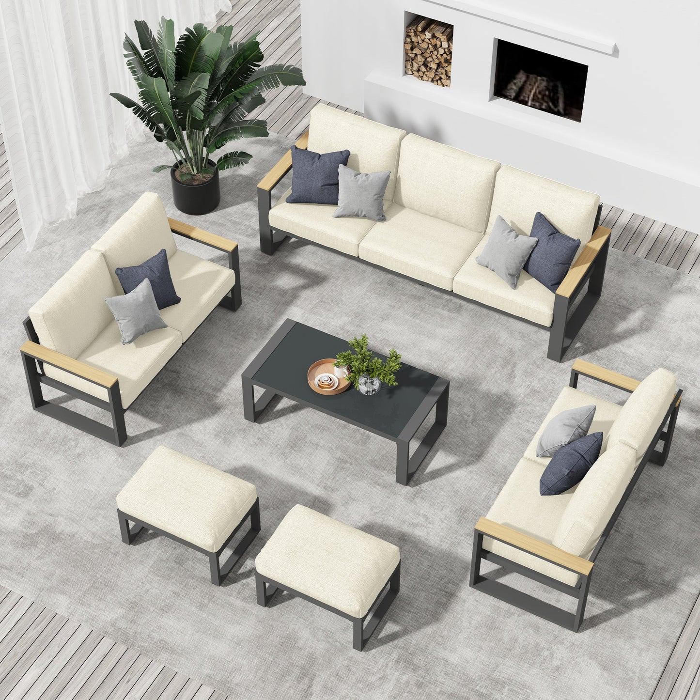 Heynemo 2 Pieces Aluminum Outdoor Patio Ottoman Set, Outdoor Foot Stools with Thick Cushion, Small Seat Furniture for Porch Balcony Backyard, Beige