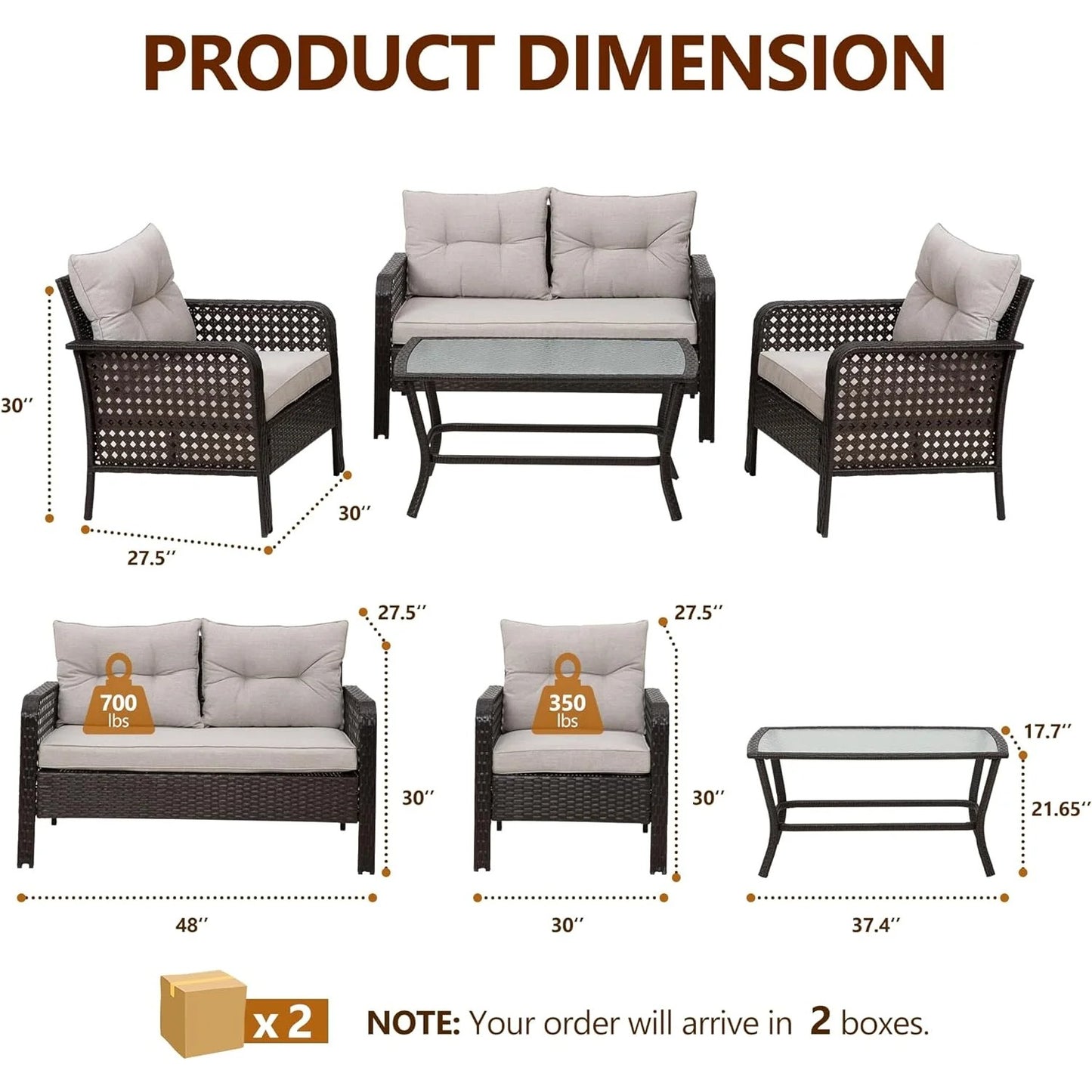 Heynemo Superjoe 4 Pieces Patio Furniture Set, Outdoor Rattan Chair Wicker Conversation Sets with Cushions and Glass Coffee Table, for Porch Balcony Garden Backyard Deck,Beige