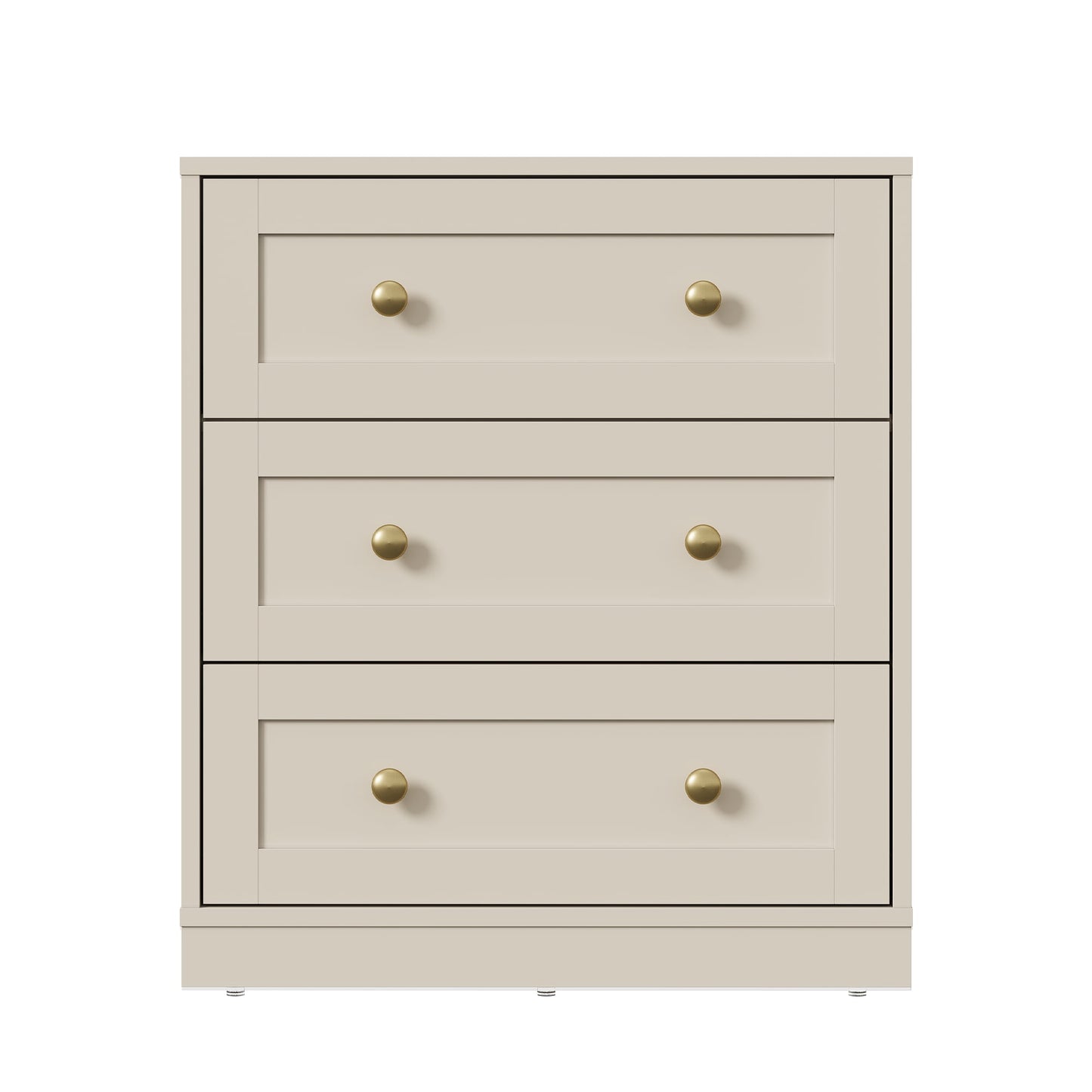May in Color 3 Drawer Nightstand with Gold Knobs, Wood End Table, Beige