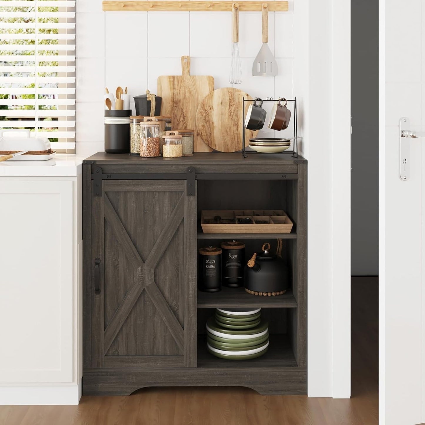 Heneymo Superjoe Buffet Storage Cabinet, 33" Farmhouse Coffee Bar Cabinet w/Sliding Door, Wooden Sideboard Rustic Cabinet Table for Dining Room Living Room Entryway, Light Gray